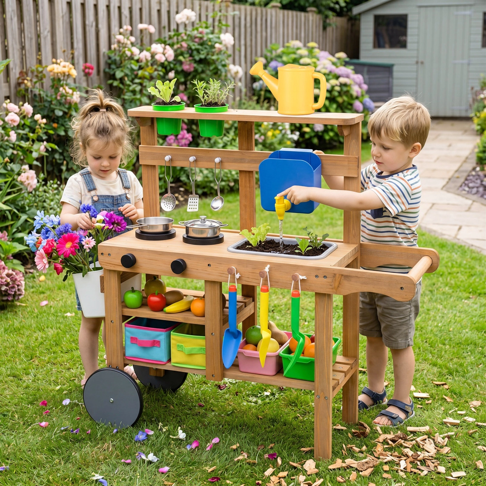 Kids Mud Kitchen Outdoor with Water Tank Sink and 15-pc Accessories 36-in x 13-in x 32-in Solid Wood Natural