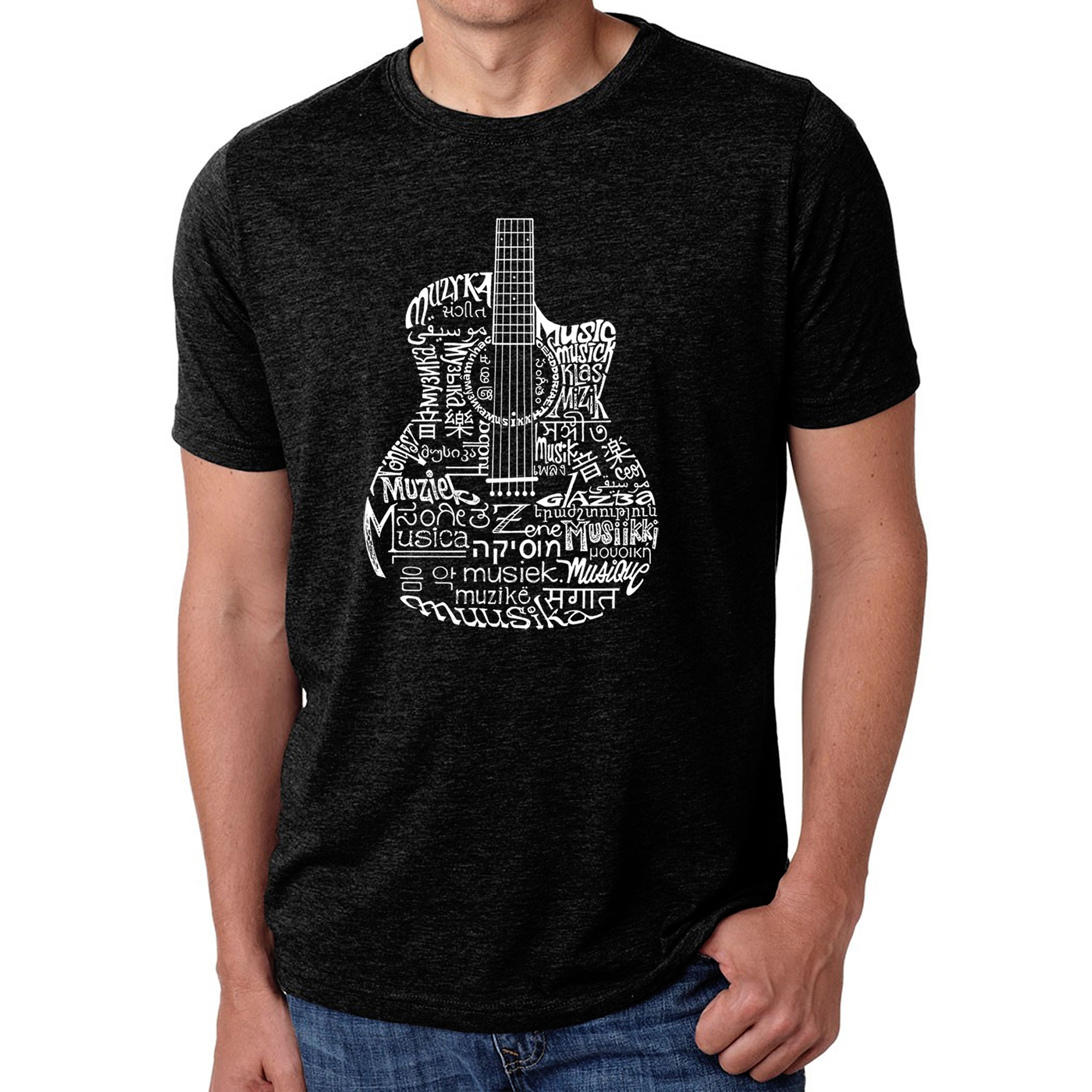 LA Pop Art Men's Cotton/Poly Blend Word T-Shirt - Languages Guitar