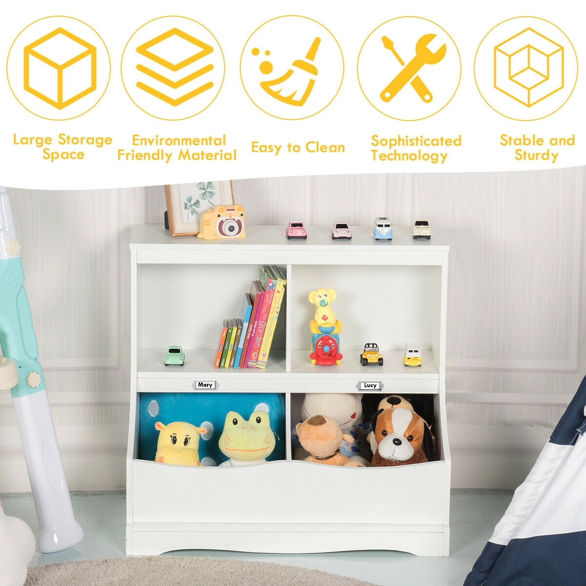 SUGIFT Multi-Bin MDF Toy Organizer Floor Cabinet Bookcase 66-lb Top Capacity 26.5-in Wide 25-lb Net Weight White/Gray