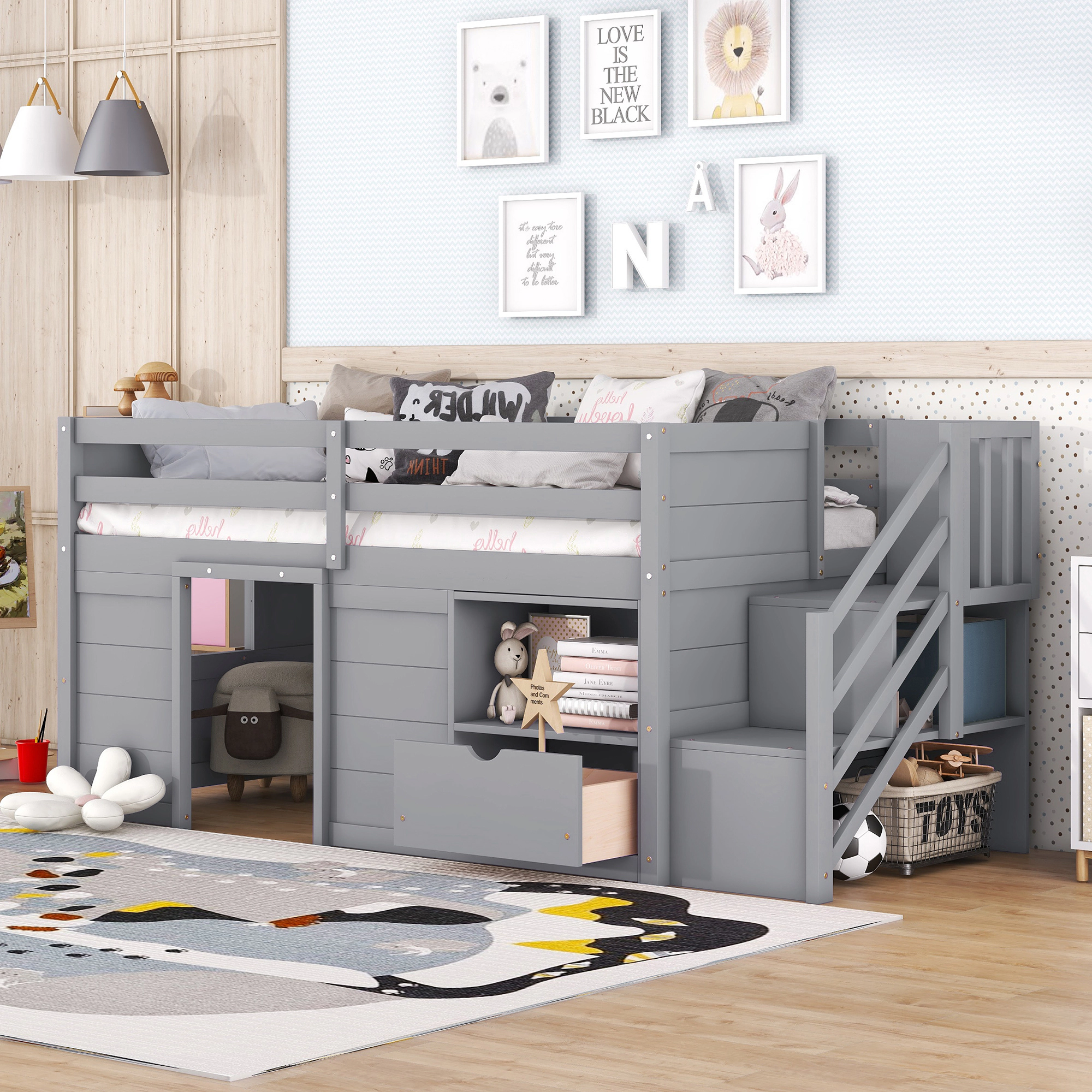 Flynama Twin Low Loft Bed, Solid Wood with Stair, Drawer & Shelf, Grey