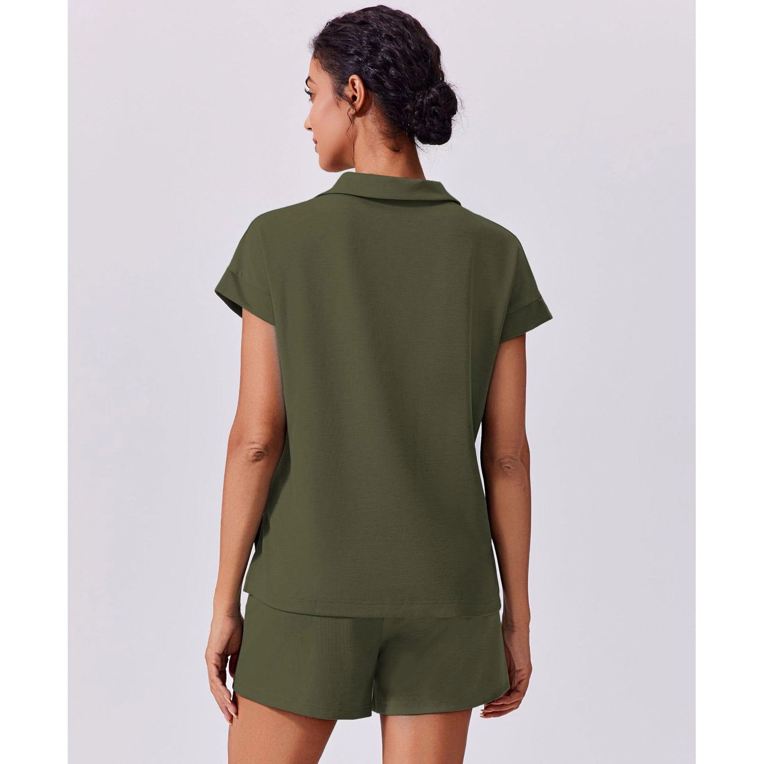 Pinspark Womens Solid Collared V Neck Short Sleeve Tops Drawstring Shorts Lounge Set