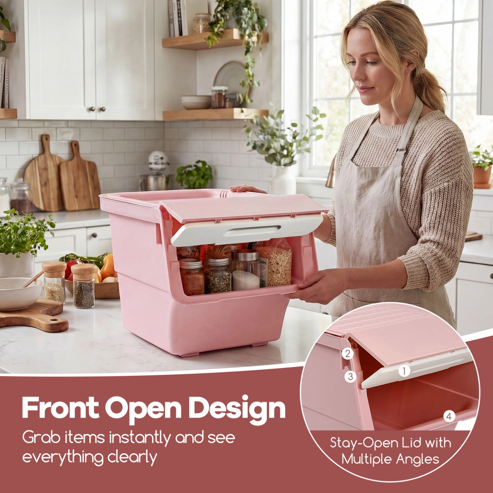 SUGIFT Stackable Plastic Storage Bins on Wheels with Stay-Open Lid 20-lb Lid 22-lb Inner Capacity White + Pink