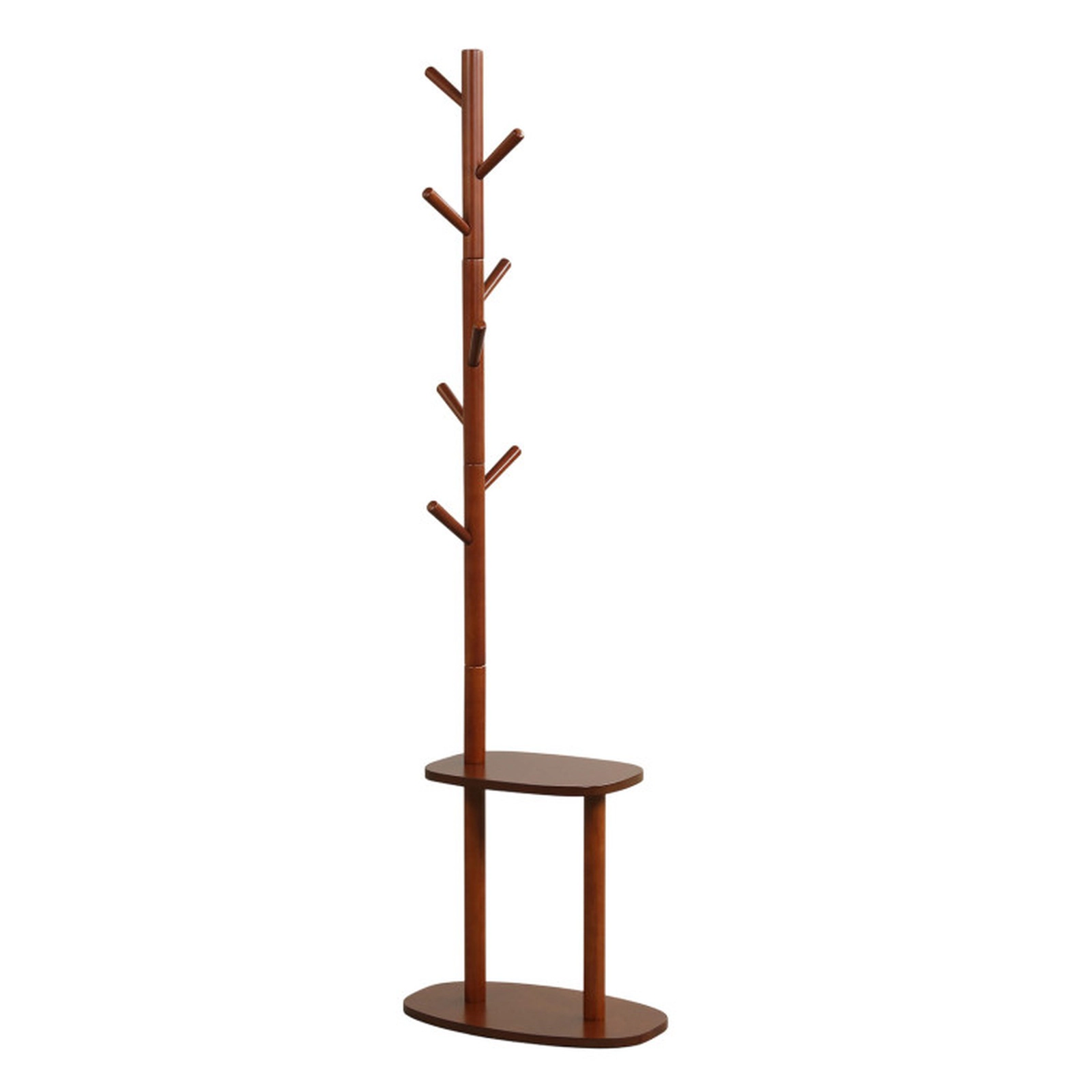 SUGIFT 8-Hook Rubber Wood Coat Rack with 2 Storage Shelves 11-lb Hook and 22-lb Shelf Capacity 70-in Tall Walnut