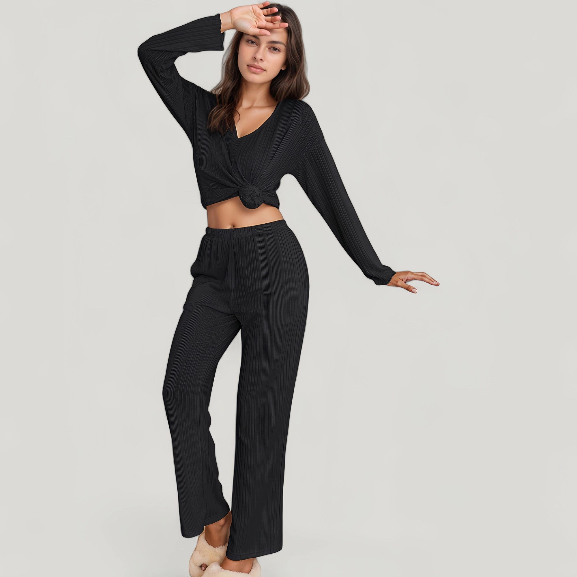 Anna-Kaci Women's Ribbed Knit Long Sleeve Crop Top and High Waist Lounge Pants 2-Piece