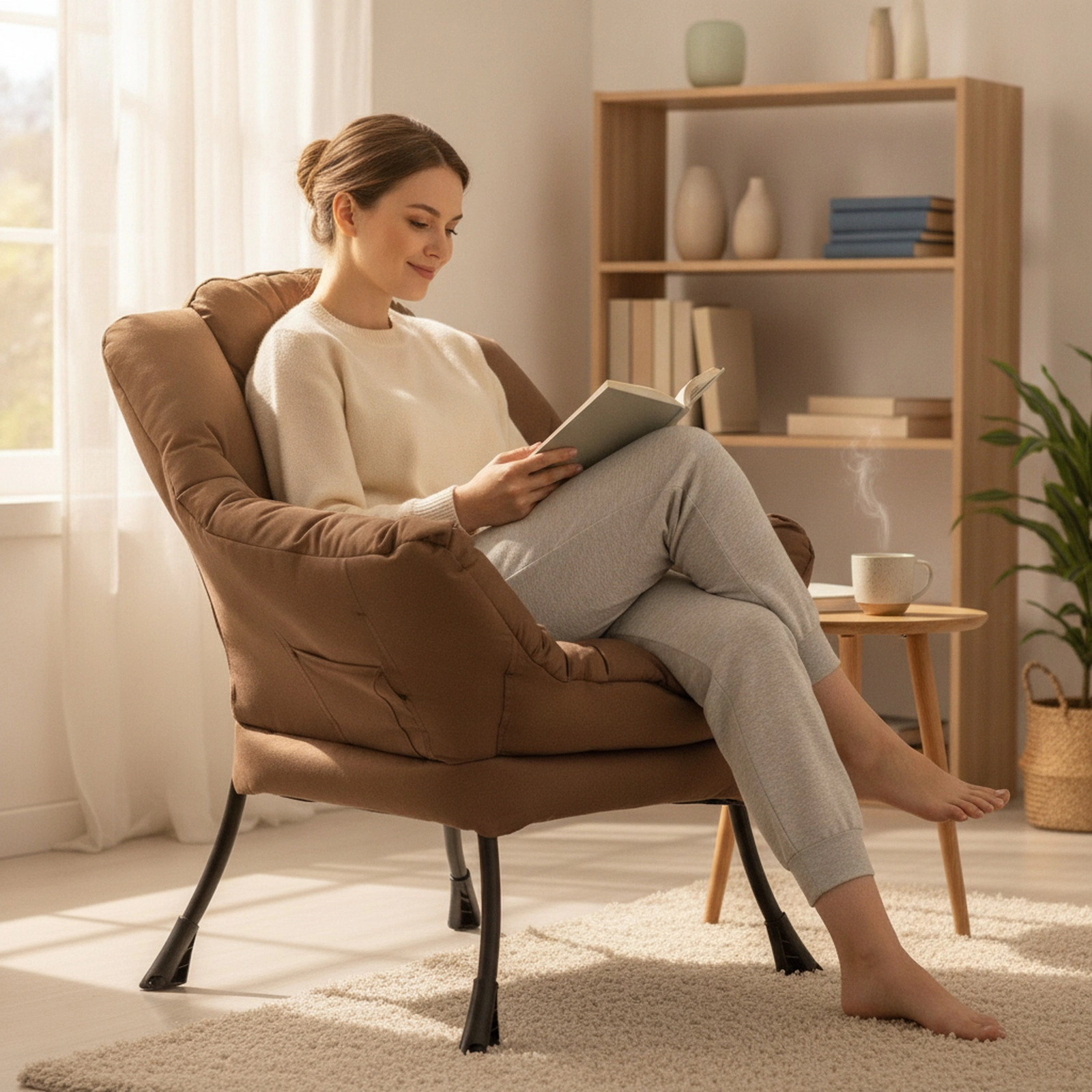 SUGIFT Modern Lazy Chair with Headrest, Side Pocket, Brown