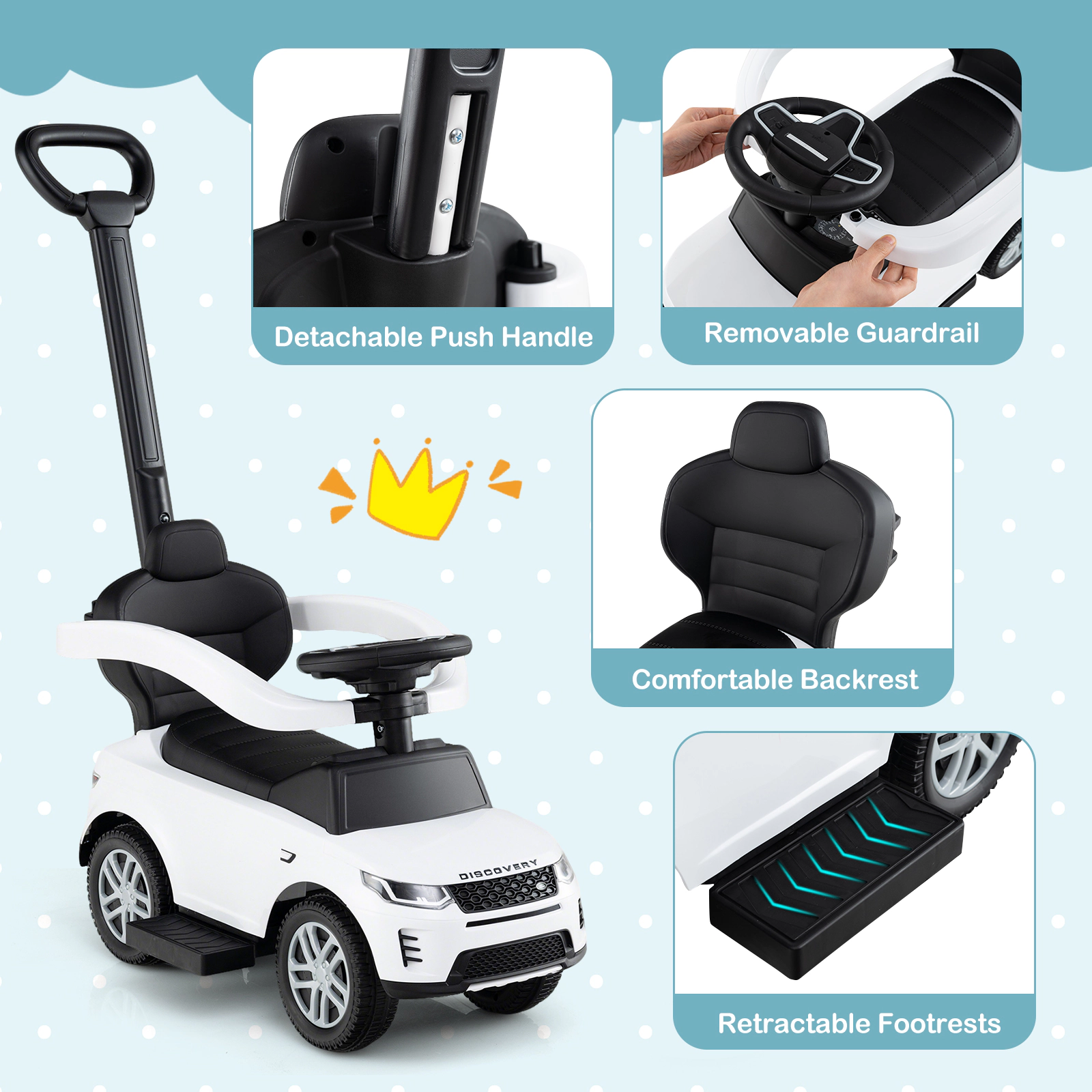 SUGIFT 3-in-1 Push Walking and Sliding Ride-On Car with Handle and Guardrail 55-lb Capacity Ages 18-36 Months White