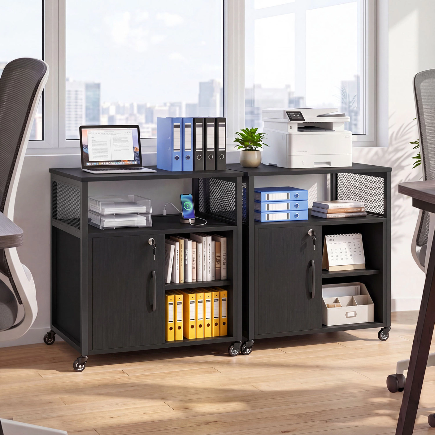 LJG File Cabinet on Wheels with Charging Station and Cable Management Hole