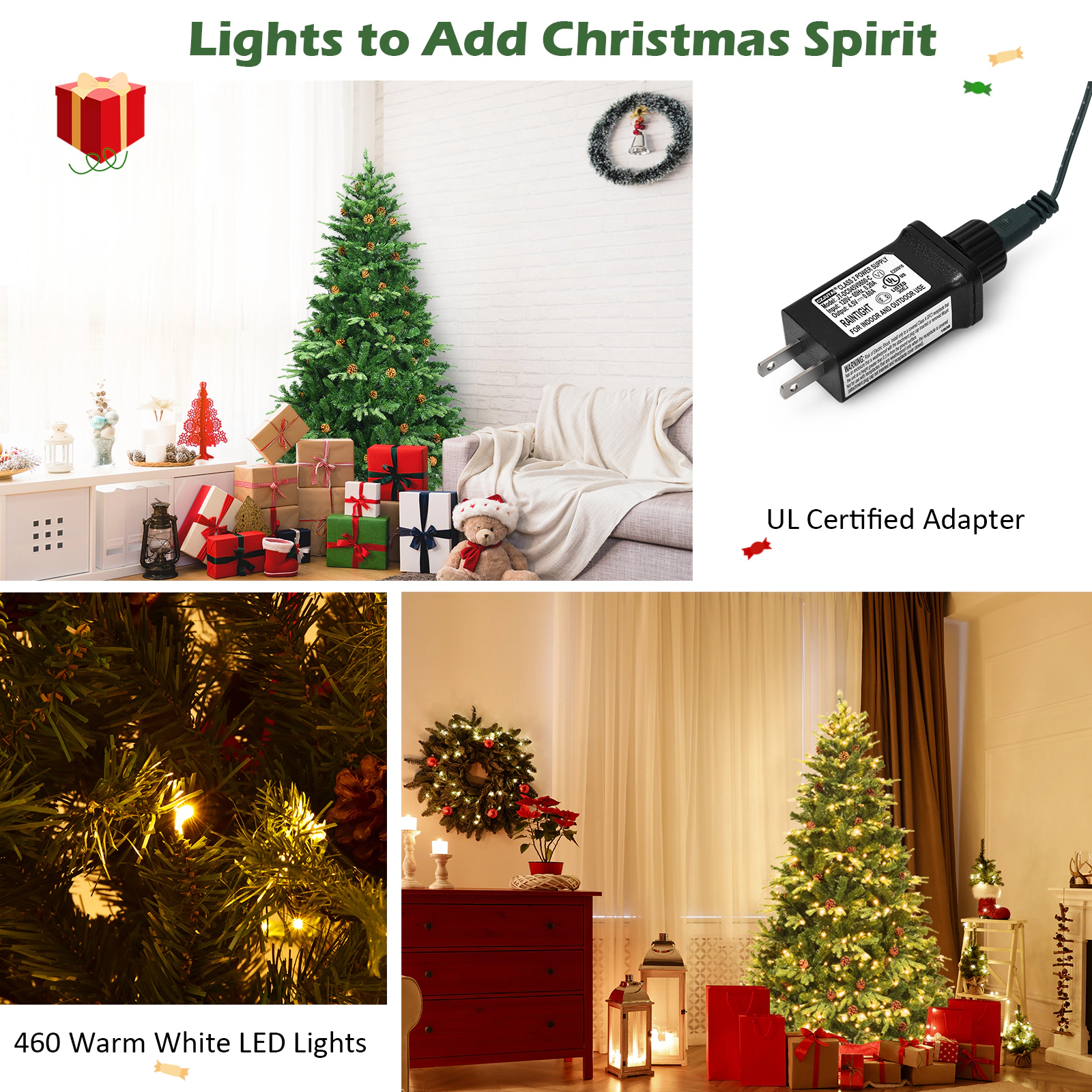 Glintex 7-Ft Pre-Lit Christmas Tree with 460 LED Lights and 61 Pine Cones, Green