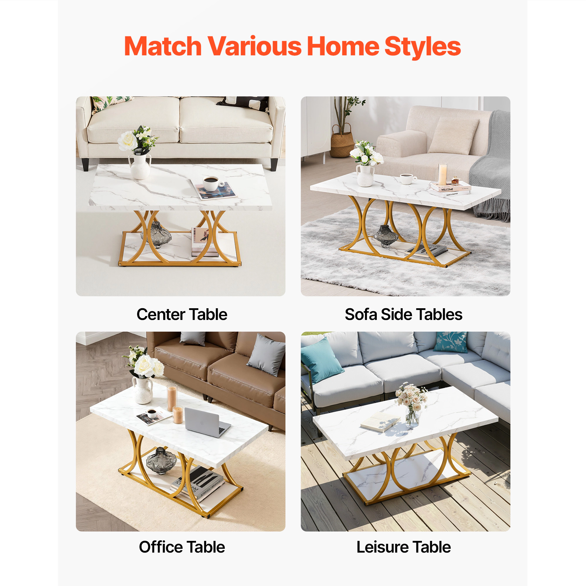 HONGGE Coffee Table Modern Faux Marble Coffee Table 2-Tier Rectangle Center Desk with Geometric Legs Minimalist Sturdy