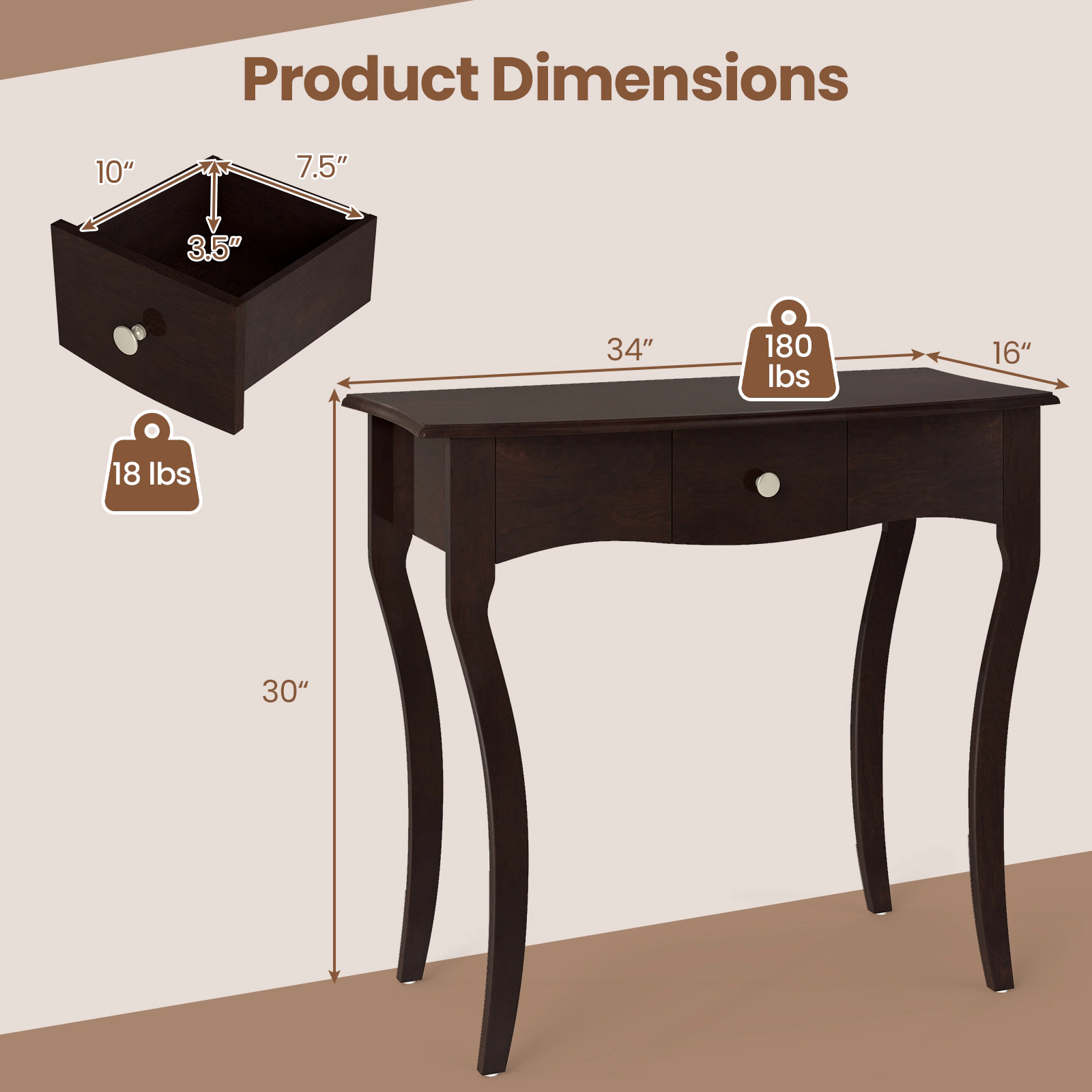 SUGIFT 34-in Console Table with Drawer and Solid Wood Frame 180-lb Tabletop Capacity Overall 220-lb Capacity Espresso