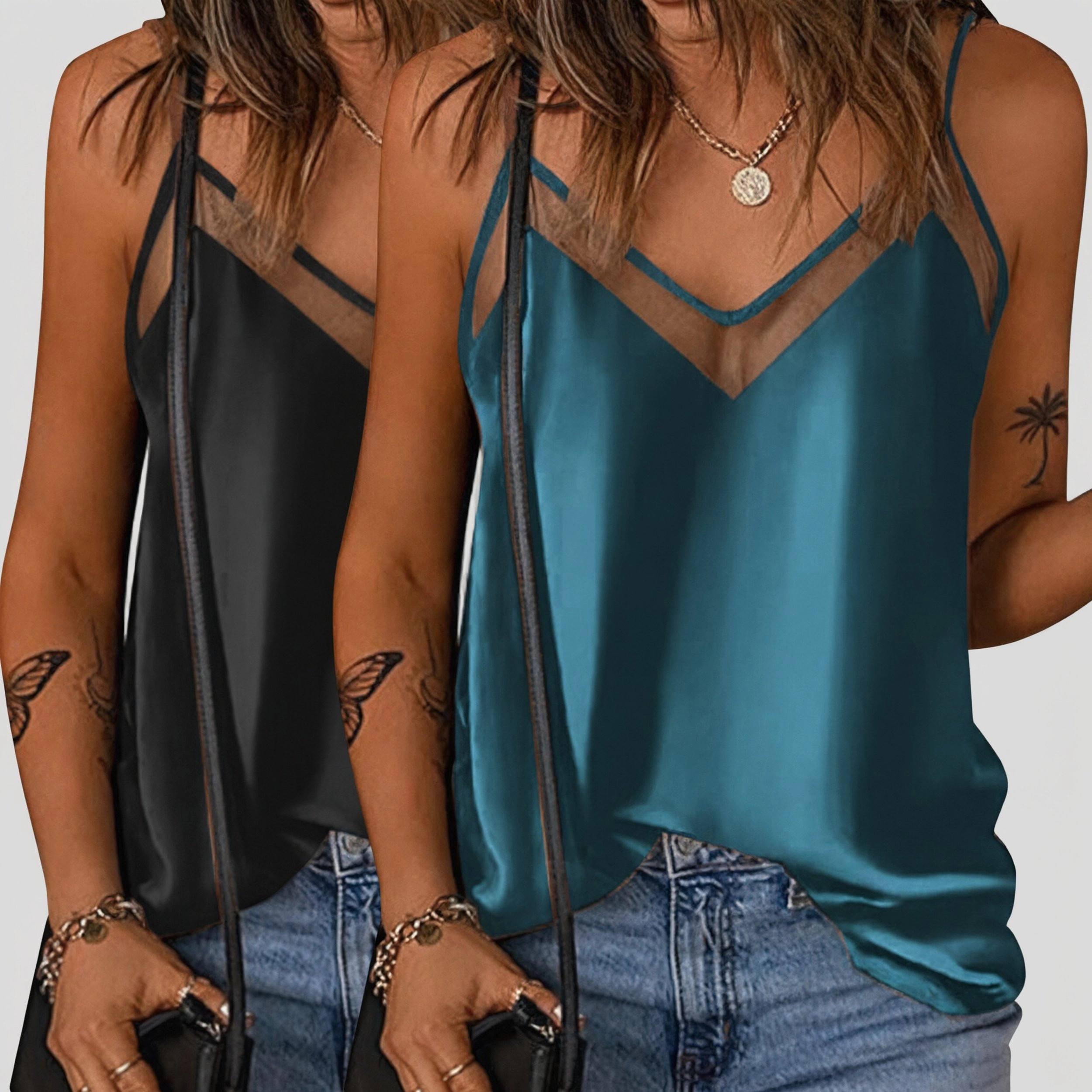 Ekouaer Women's V Neck Mesh Panel Satin Camisole Tank Top