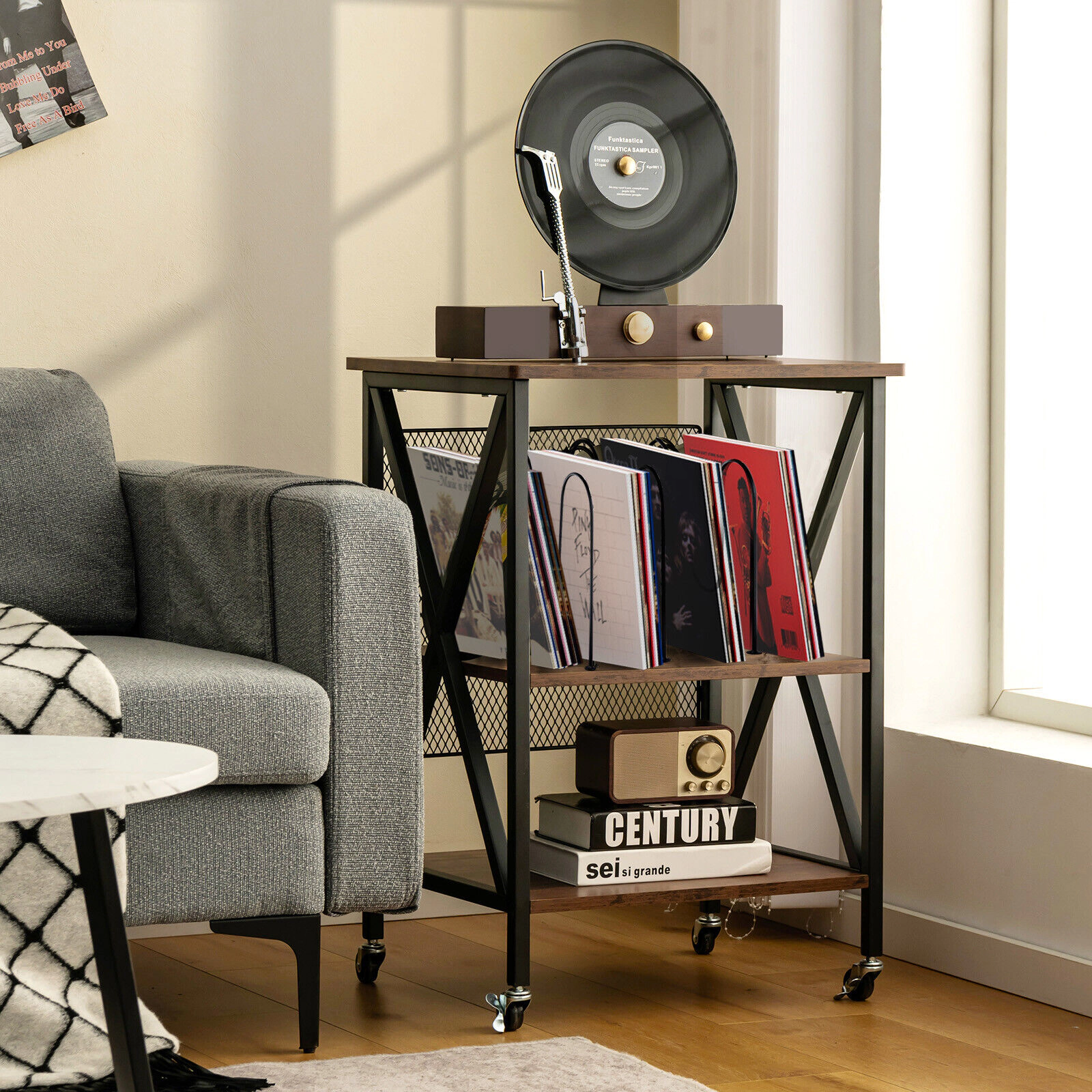 Glintex Rolling 3-Tier Vinyl Record Stand with 3 Dividers and Lockable Casters, Brown
