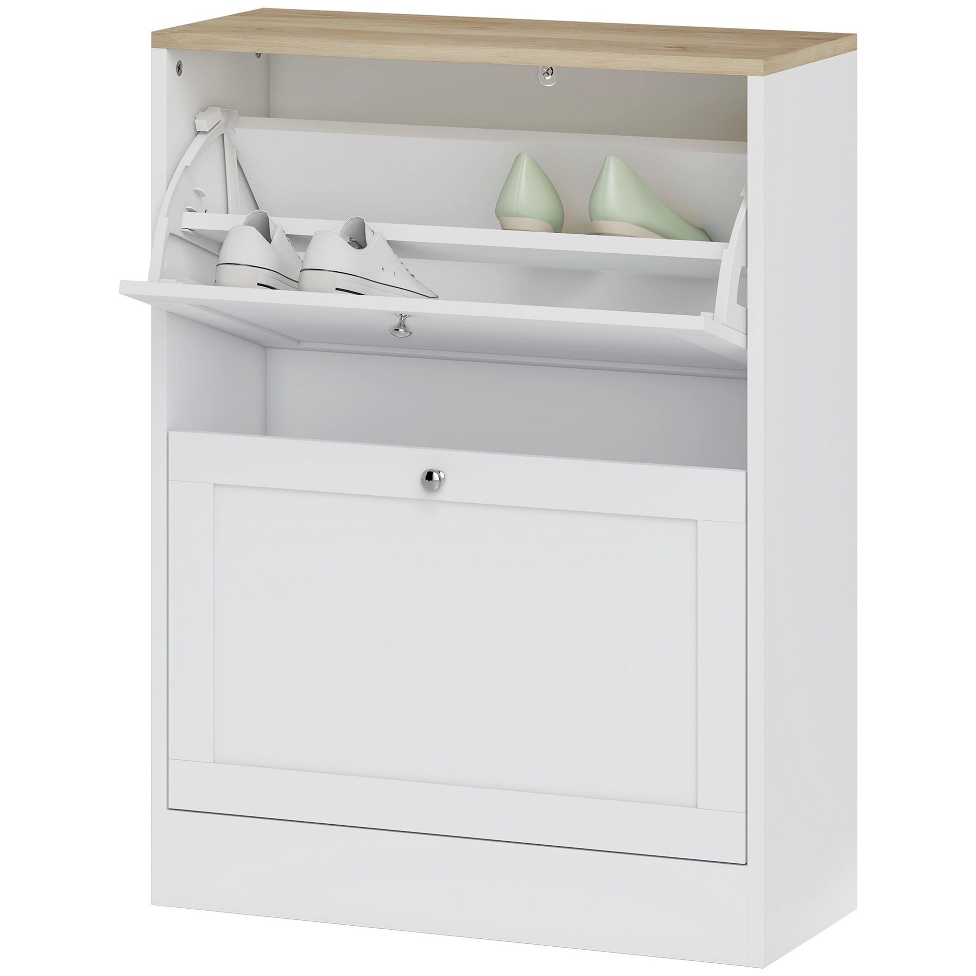 HONGGE Slim Shoe Storage Cabinet with 2 Flip Drawers and Adjustable Shelves for 8-12 Pairs, White