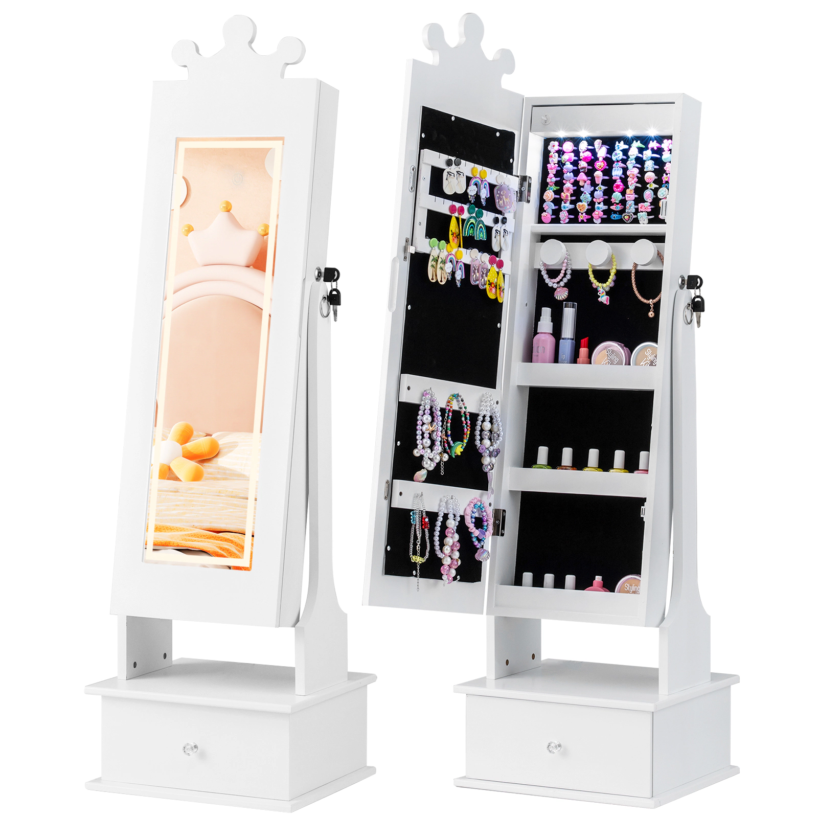 SUGIFT White 3-Color Lighted Mirror Interior LED Lights and Drawer Kids Jewelry Armoire
