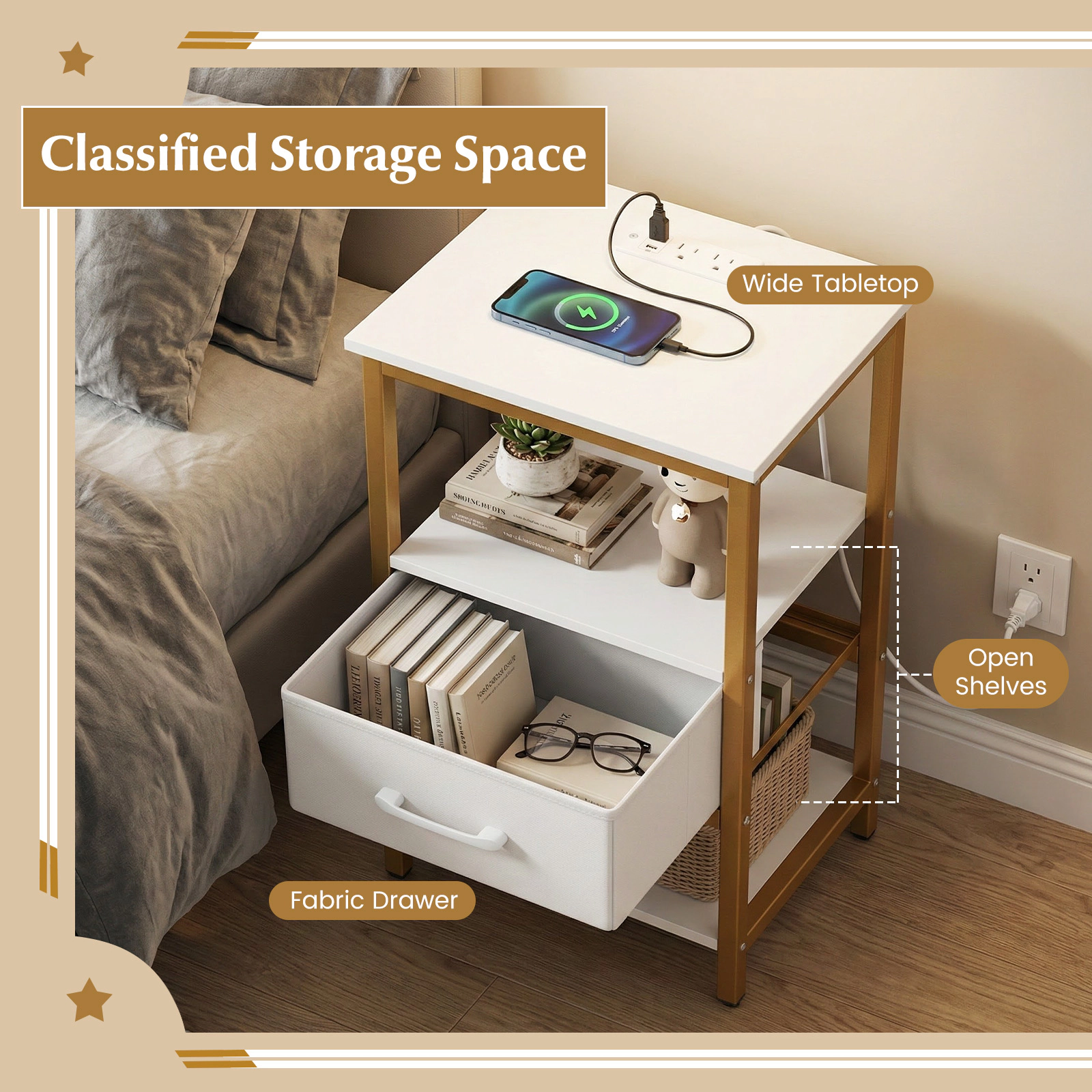 Glintex 2-Piece Nightstand Set with Charging Stations and Foldable Fabric Drawers, White