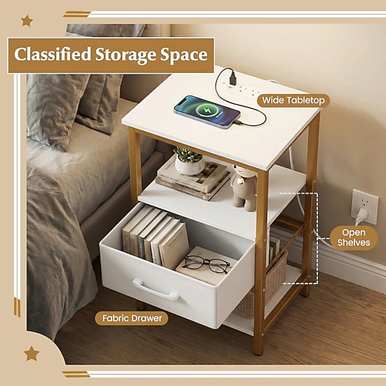Glintex 2-Piece Nightstand Set with Charging Stations and Foldable Fabric Drawers, White