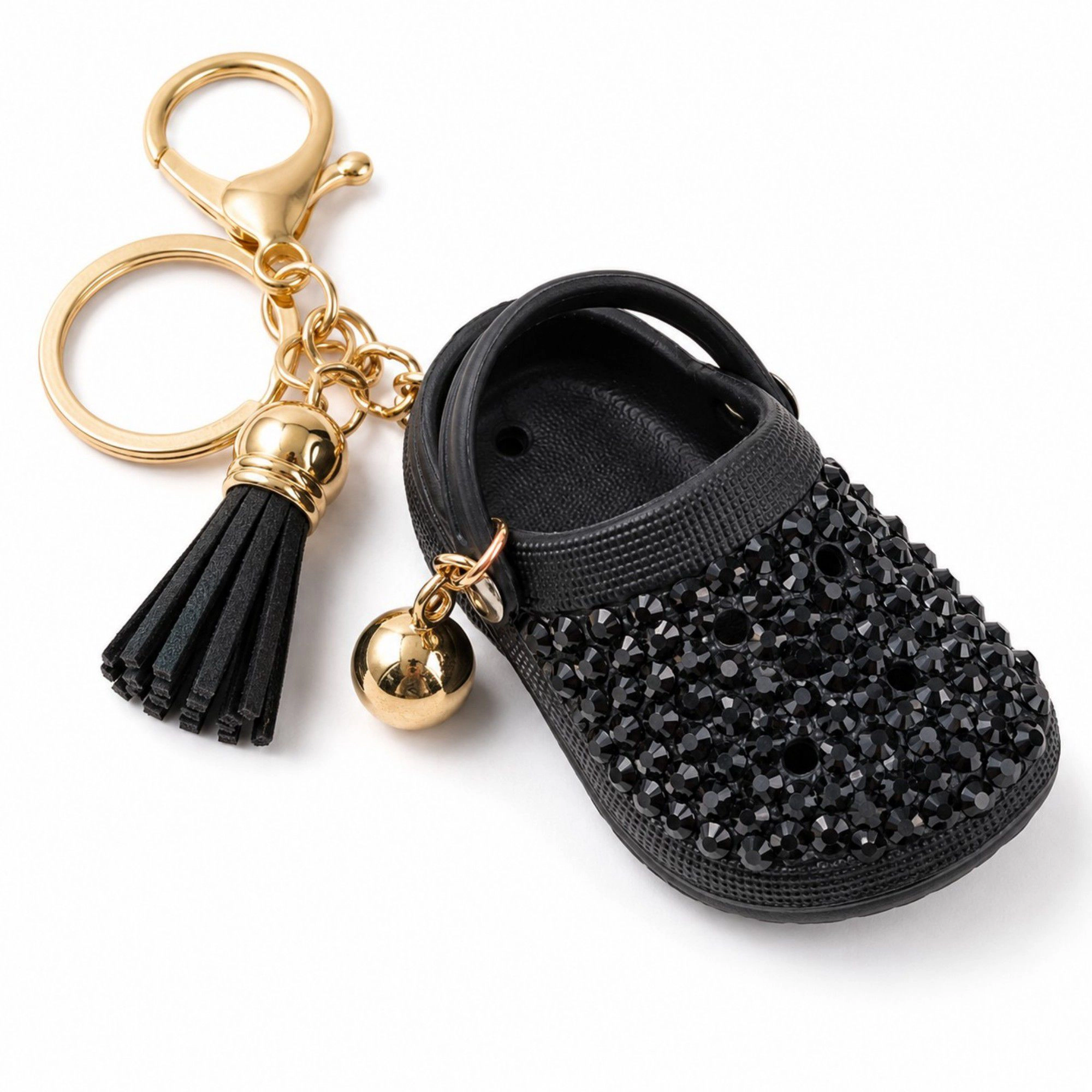 Alilang Women's Rhinestone Mini Clog Keychain Bag Charm with Tassel Gold Tone Clip and Key Ring
