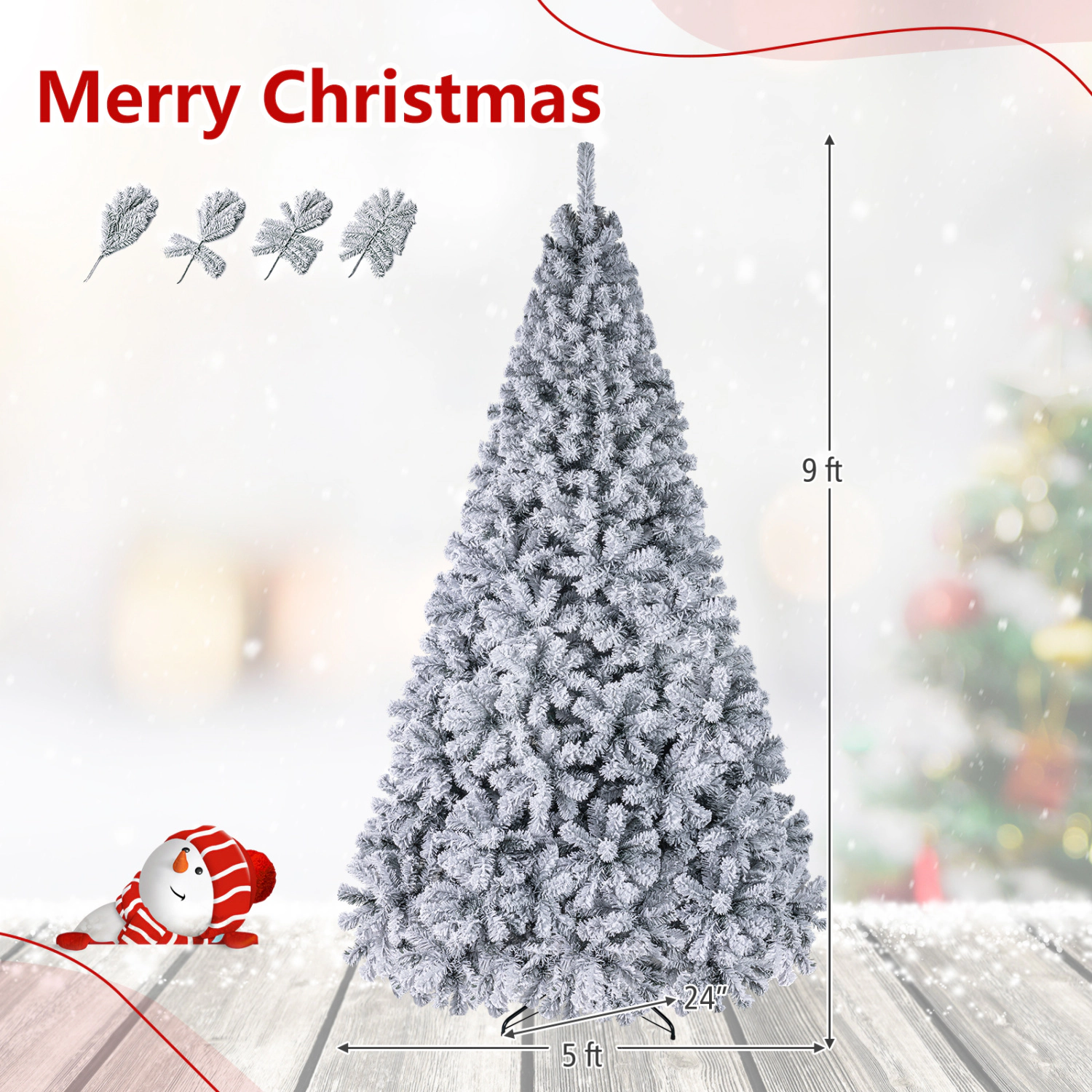 LJG Pre-Lit Premium Snow Flocked Hinged Artificial Christmas Tree