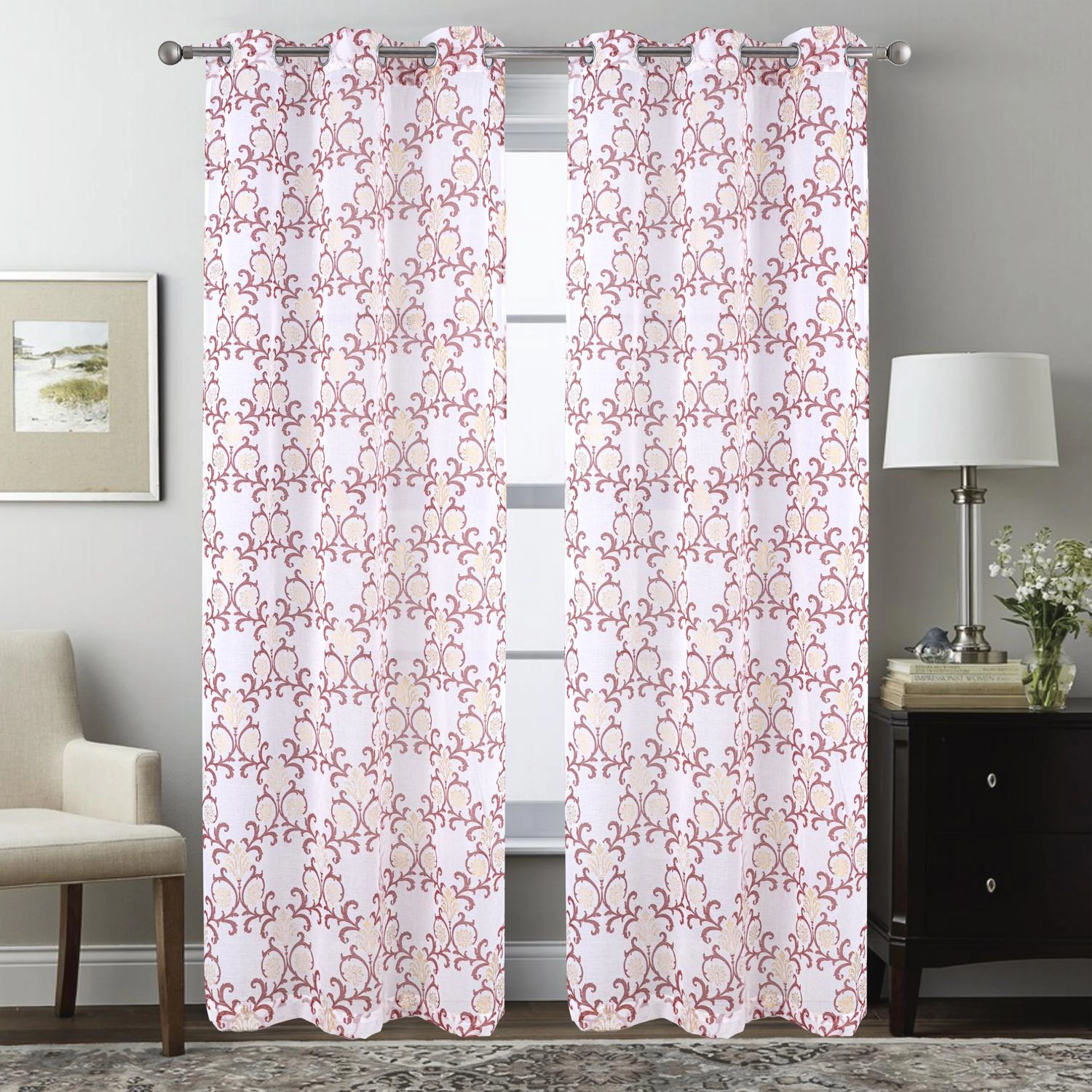 RT Designers Collection Crown Grommet Sheer Metallic Printed Doily Curtain Panel 54" x 84" Burgundy
