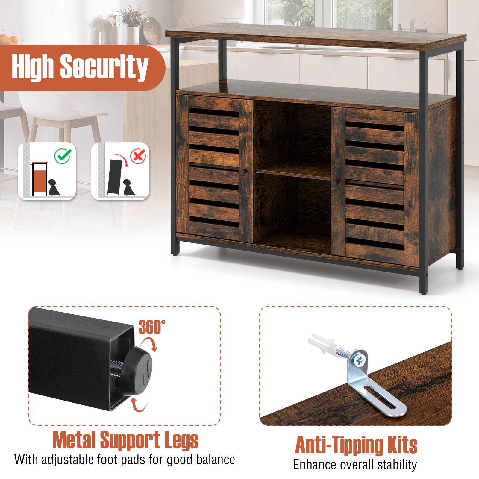 SUGIFT 39.5-in 760-lb Total 200-lb Top Rustic Brown Industrial Buffet Sideboard with Push-to-Open Louvered Door