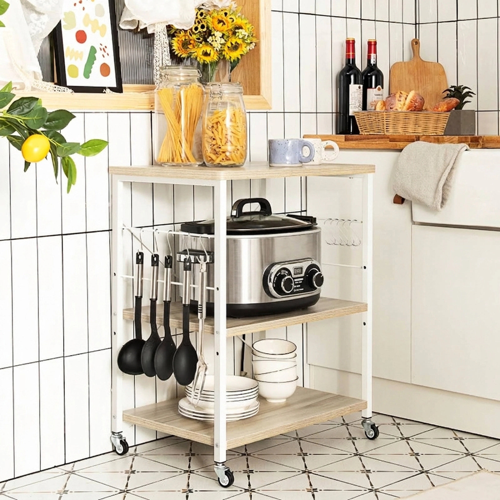 SUGIFT 3-Tier Bakers Rack Microwave Cart with Adjustable Shelf and 10 Hooks