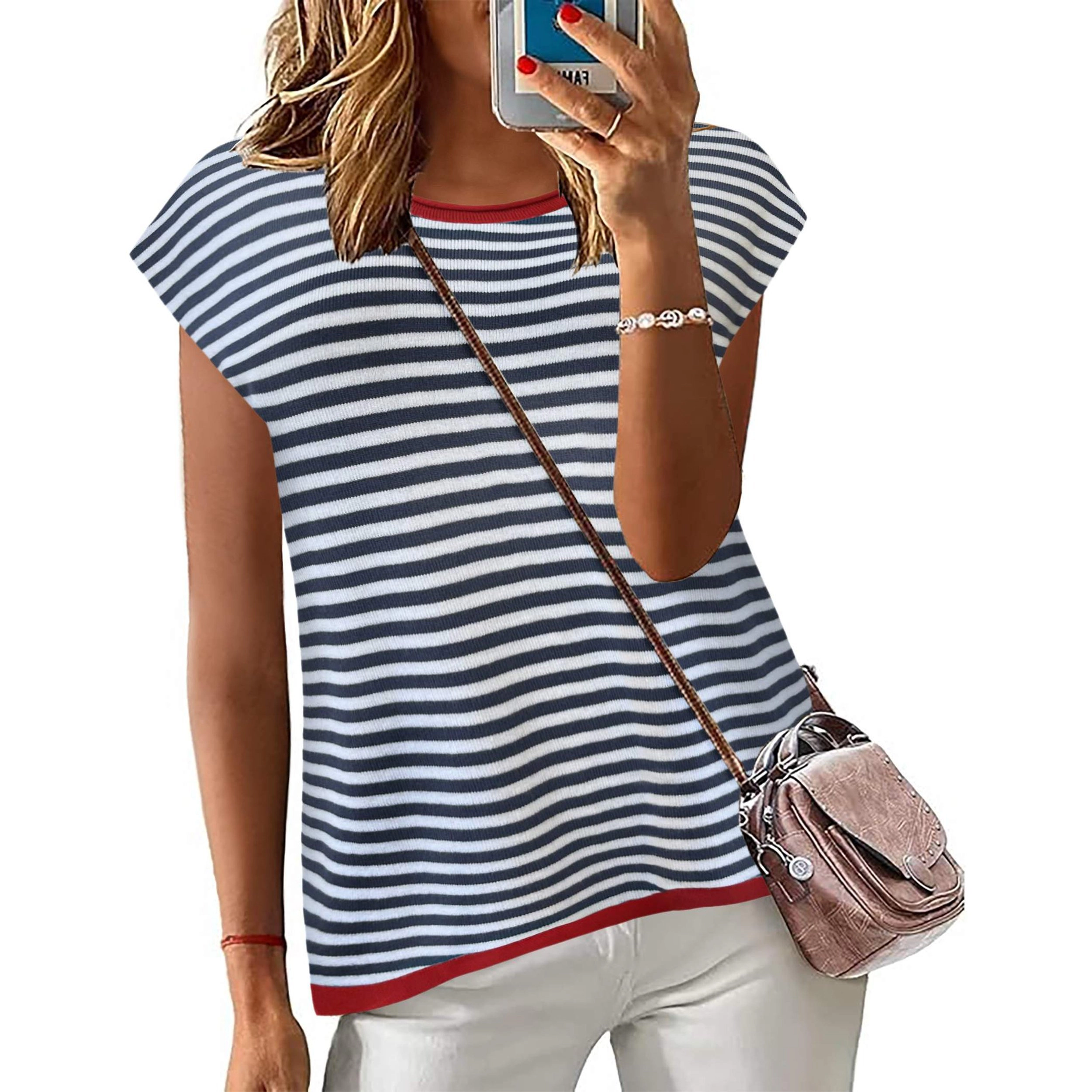 Zeagoo Women's Cap Sleeve Crew Neck Loose Fit Knit Pullover