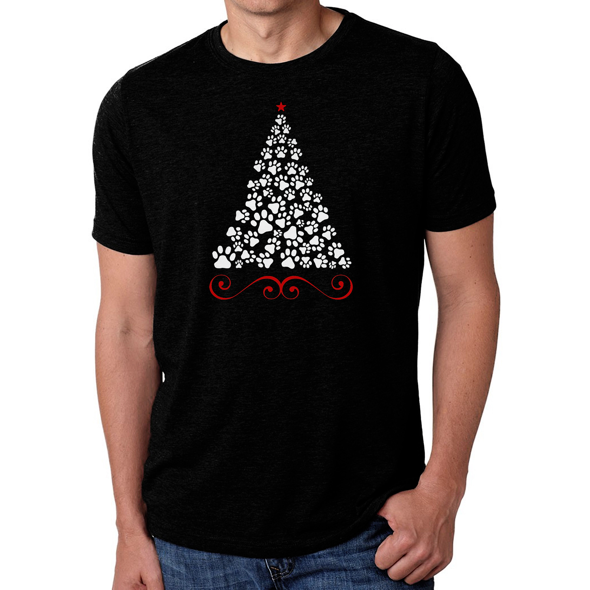 LA Pop Art Men's Cotton/Poly Blend Word T-Shirt - Paw Christmas Tree
