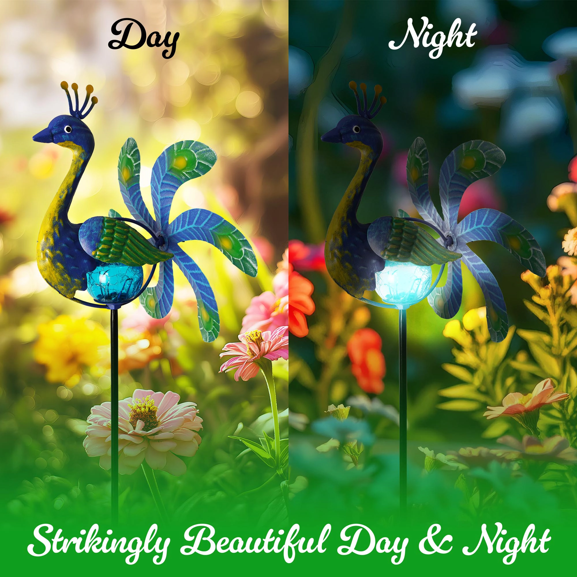 G128 38in Solar Peacock Metal Yard Stake with LED Swivel Wind Spinner, Rust-Proof Iron