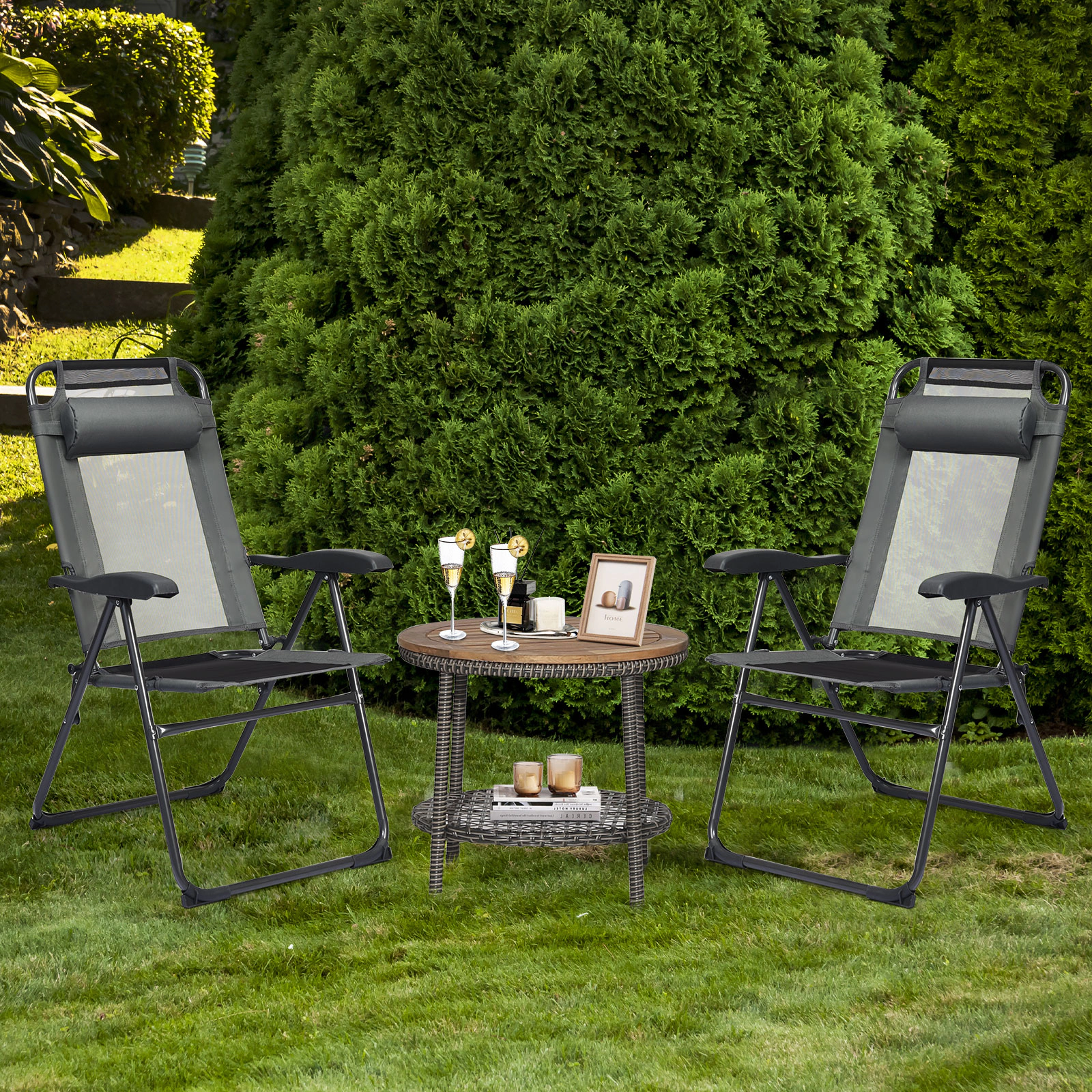 LJG 2 Pieces Patio Adjustable Folding Recliner Chairs with 7 Level Adjustable Backrest