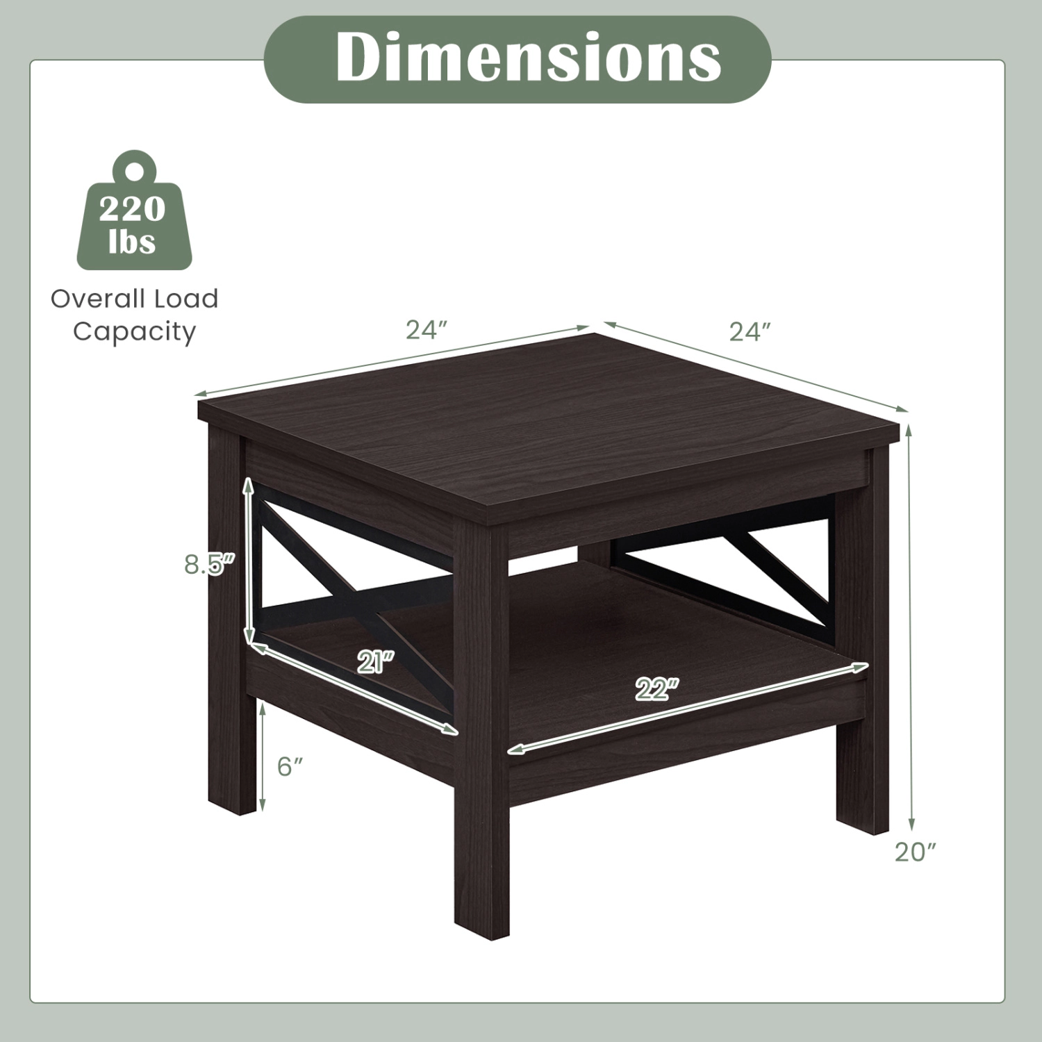 Glintex 2-Tier Square Side Table with X-Frame Legs and 220-Lb Capacity
