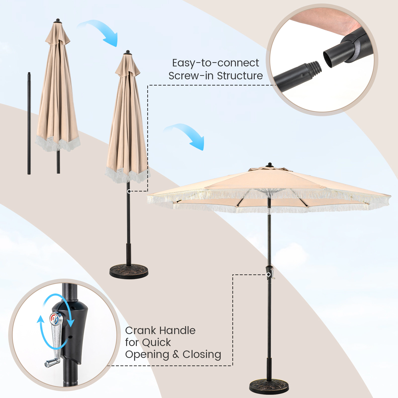 SUGIFT Sun-Protective 9-ft Patio Umbrella with Tilt, Crank Handle and Vented Polyester Canopy 12-lb Beige