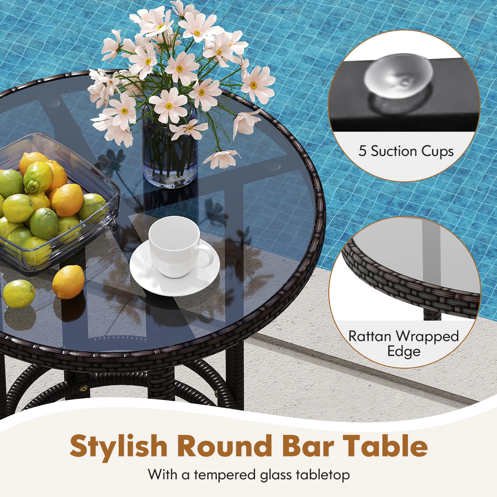 SUGIFT Brown Tempered Glass Top and Cushioned Chairs 3-Piece Patio Rattan Bar Set