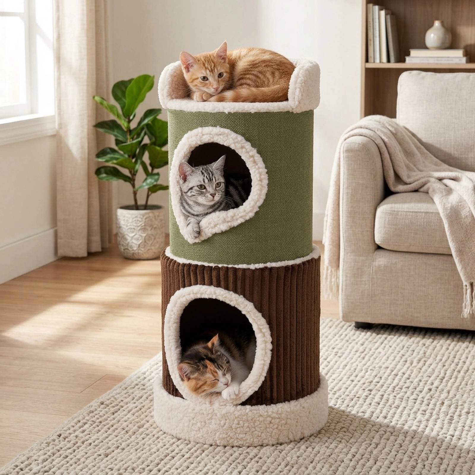 SUGIFT Barrel Cat House with Top Perch Double Condos 22-lb Capacity Indoor Cat House 16 x 33.5 in Green Brown Beige