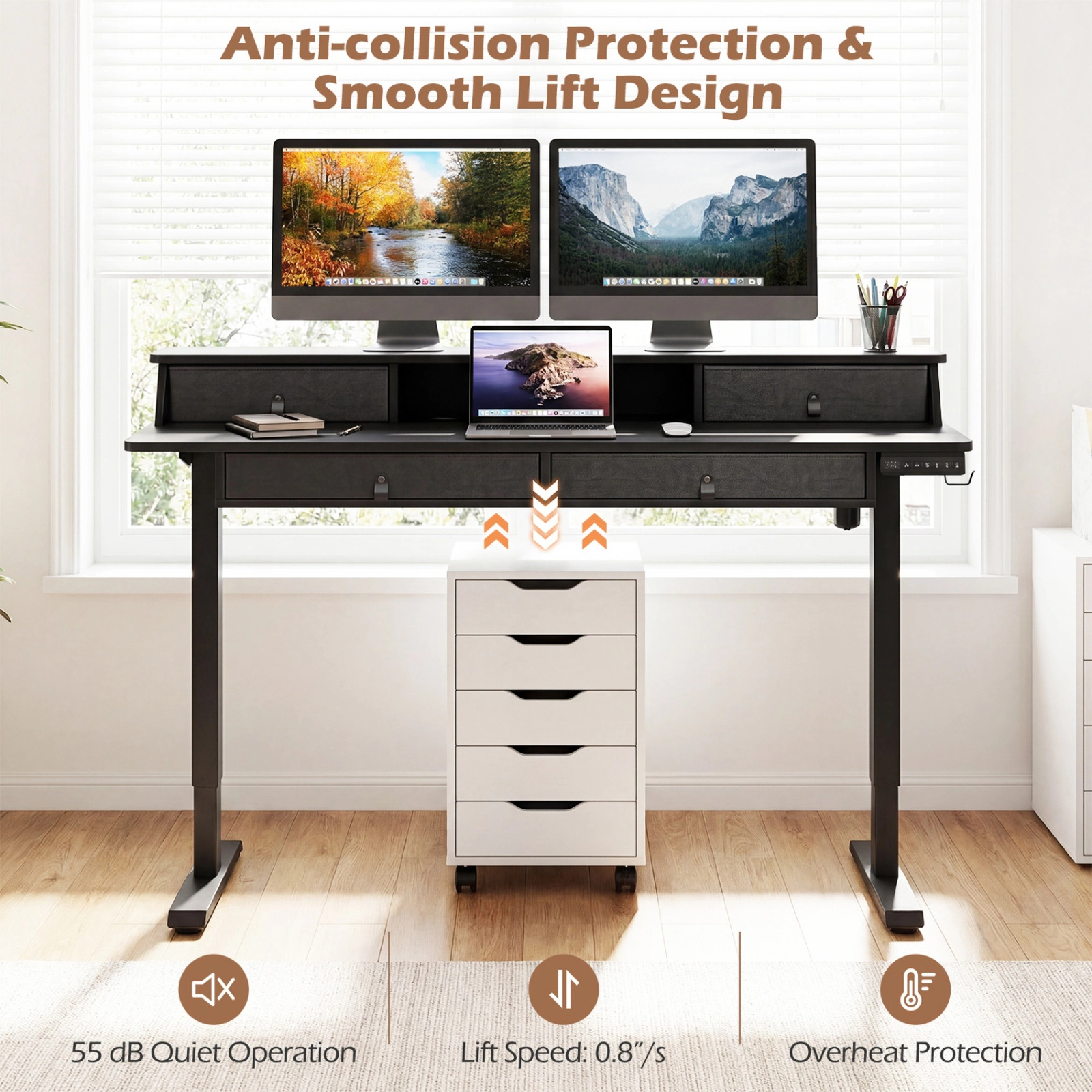 SUGIFT 55 x 27 in. Black Electric Height-Adjustable Standing Desk with 4 Drawers