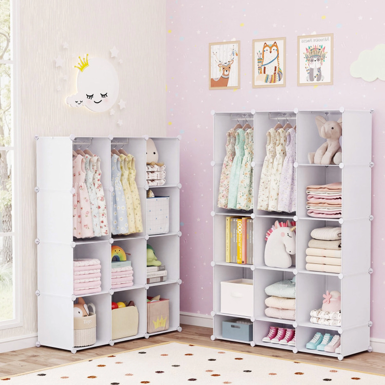 SUGIFT Kids 13-Cube Stackable Hanging Rods Modular Wardrobe Closet 43-in x 14-in x 63-in 6.5-lb per Cube White