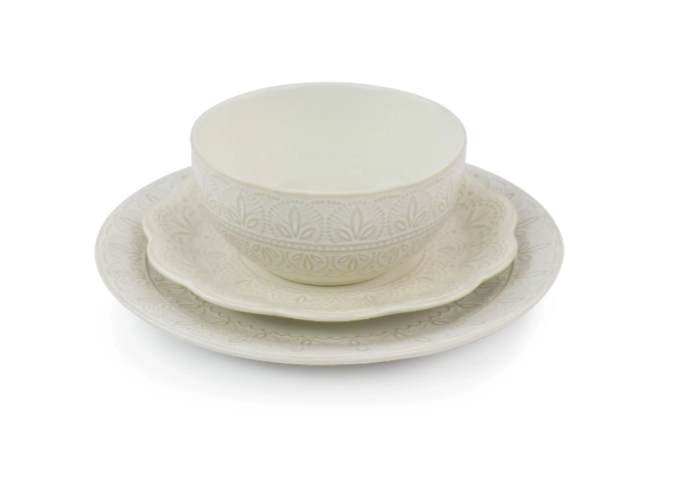 Elama White Lace Unisex 16 Piece Round Scallop Stoneware Dinnerware