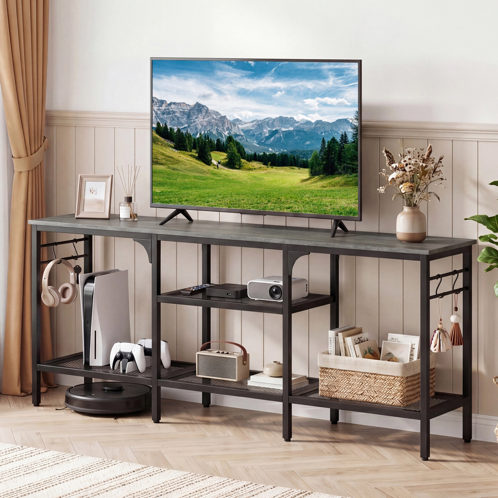 SUGIFT 3-Tier TV Stand with Open Shelves and 4 Hooks 685-lb Total Capacity 55-in Wide for TVs up to 65 in Oak & Black