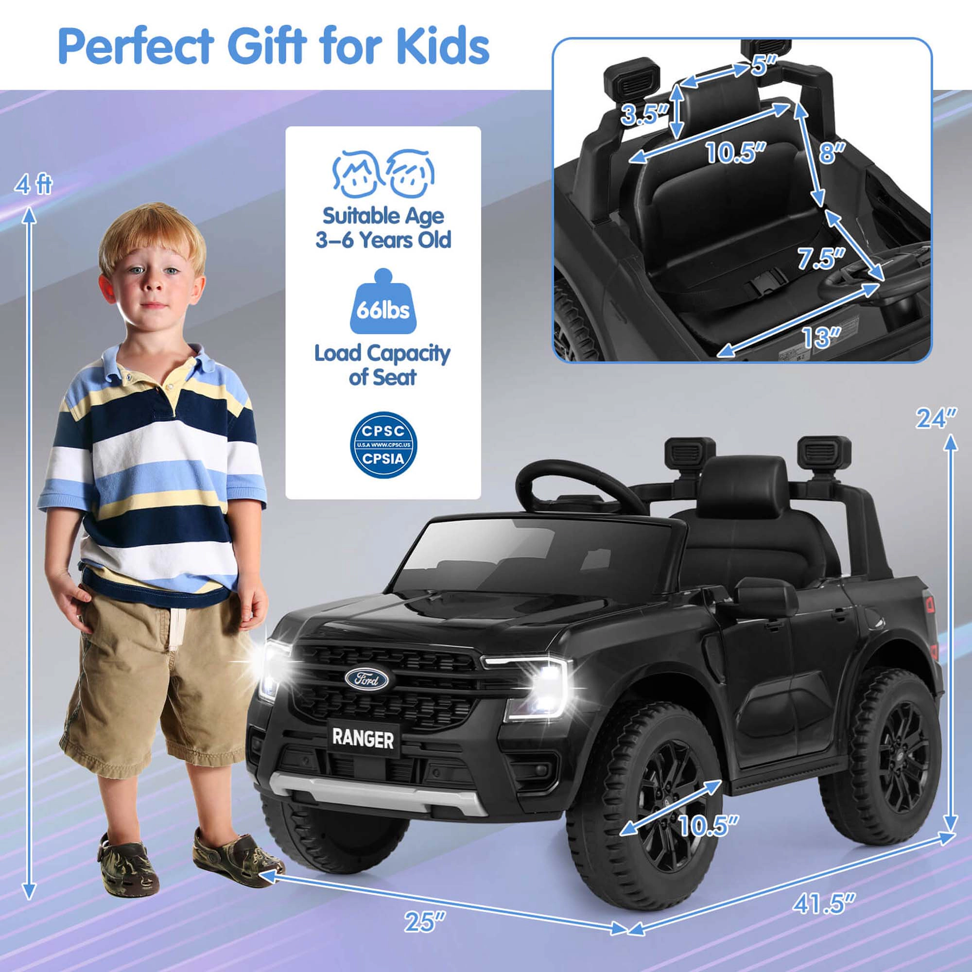 Costway 12V Licensed Ford Ranger Kids Ride on Car with Remote Control Storage Basket White/Black