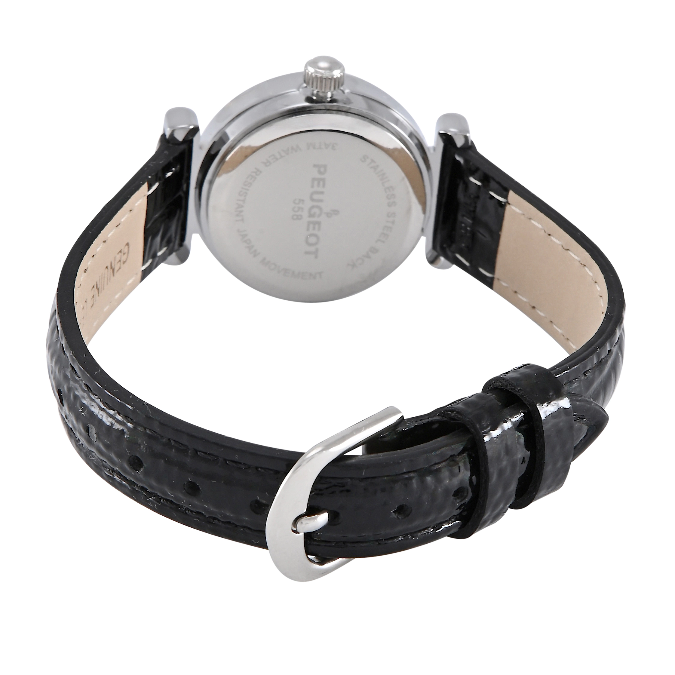 Peugeot Women's Petite 25mm Sun-Moon Watch with Glossy Leather Strap