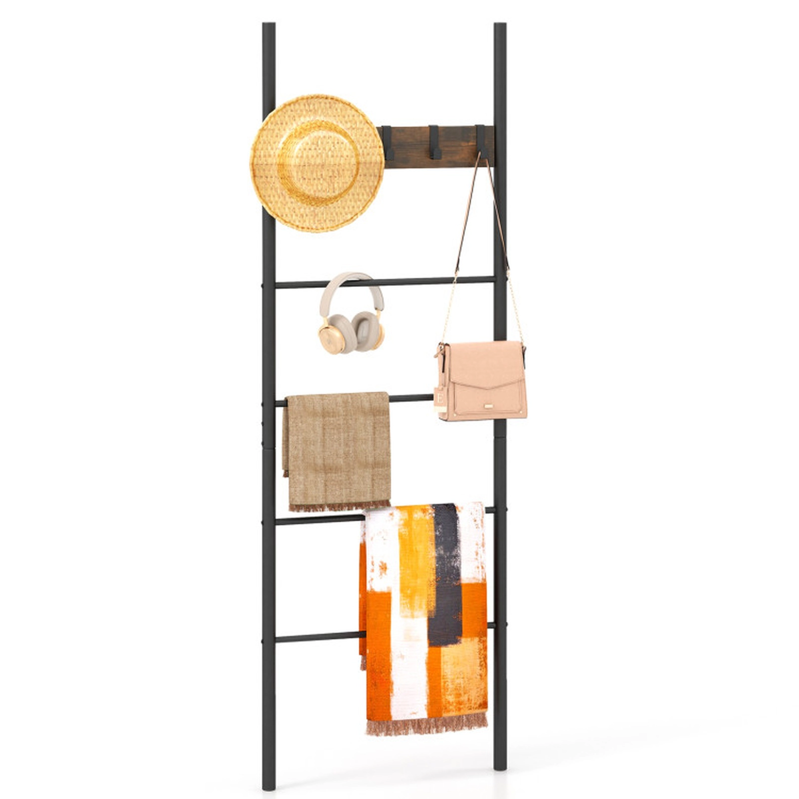 SUGIFT Wall-Leaning 4 Hanging Bars 5 Removable Hooks Blanket Ladder Rack 23.5-in x 70.5-in 45-lb Capacity Rustic Brown