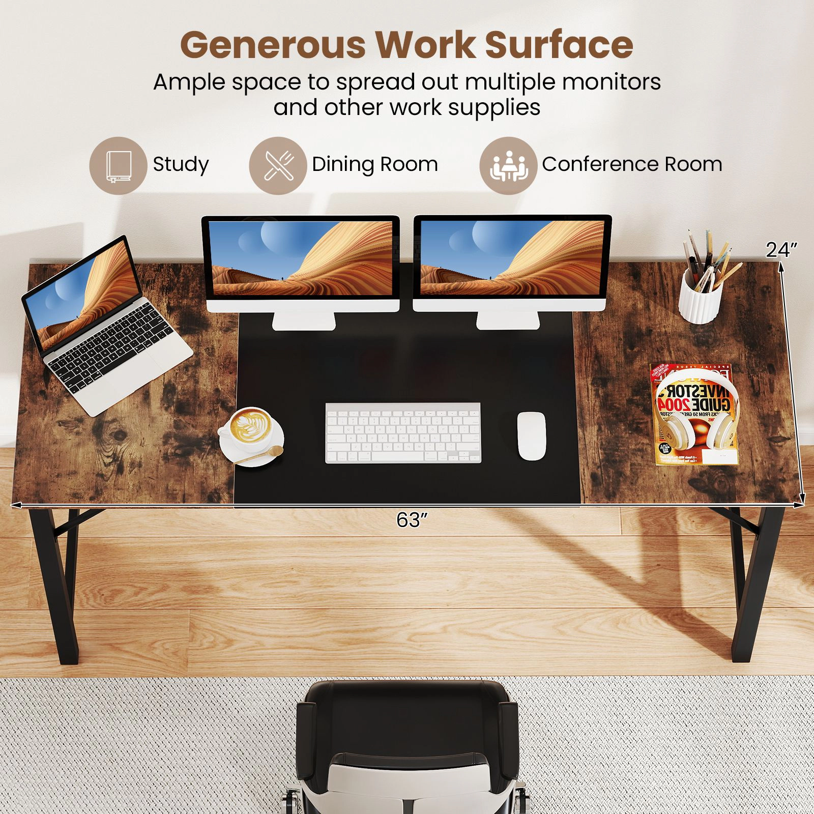 SlickBlue 63 Inch Office Workstation with MDF Top and Steel Frame