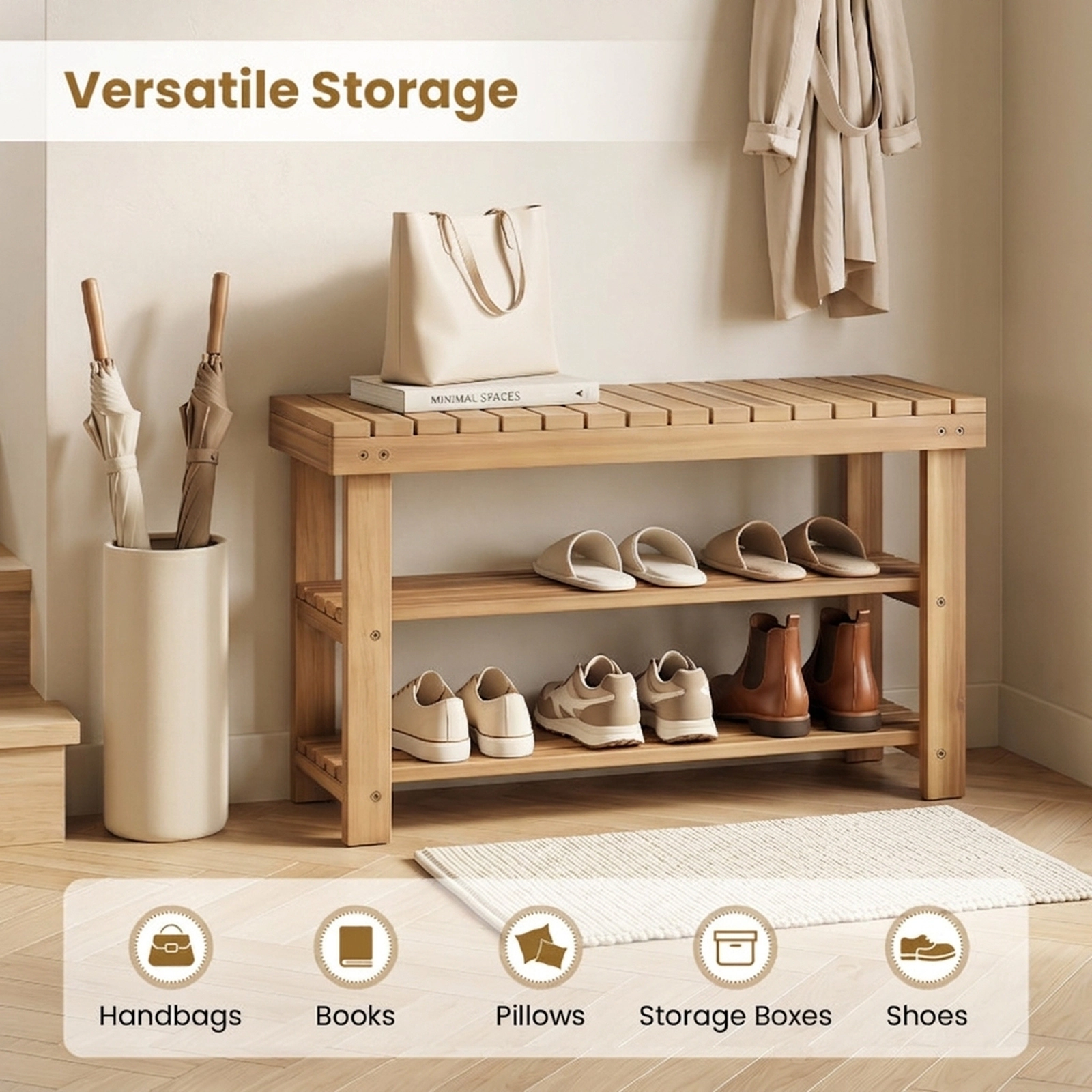 SUGIFT Slatted Shelves Natural 3-Tier Solid Teak Wood Shoe Rack Bench