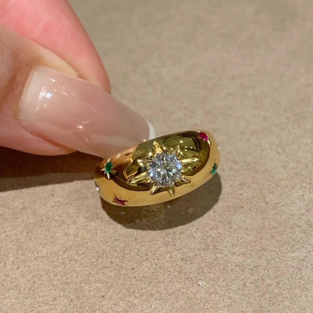 Wardrobe Whimsy Vintage Star Multicolor Cubic Zirconia Gold Tone Dome Ring