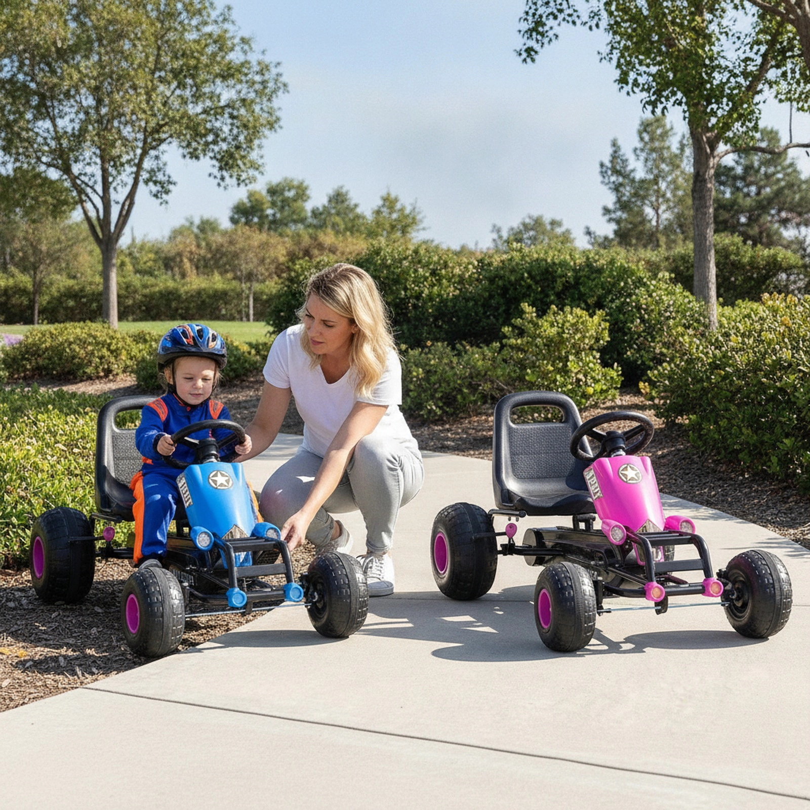 Kids Pedal Go Kart Gear Shifter Side Handbrake 25-Degree Steering Limit Riders 39-in to 61-in Tall Pink Ride On Toy