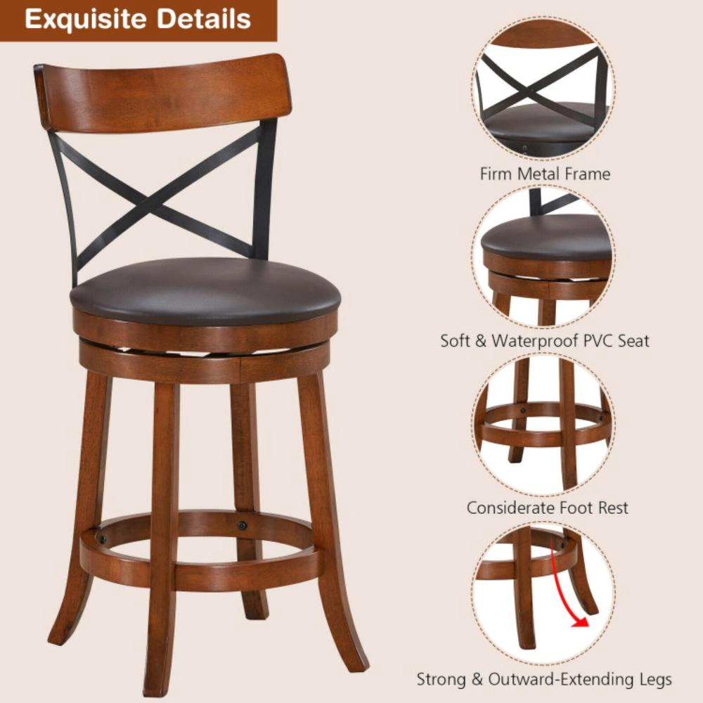 Hivvago Set of 2 Bar Stools 360-Degree Swivel Dining Bar Chairs with Rubber Wood Legs-25 inch