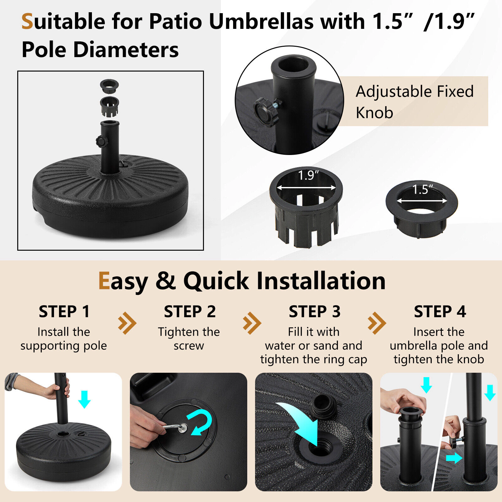Hivvago 20 Inch Fillable Heavy-Duty Round Umbrella Base Stand
