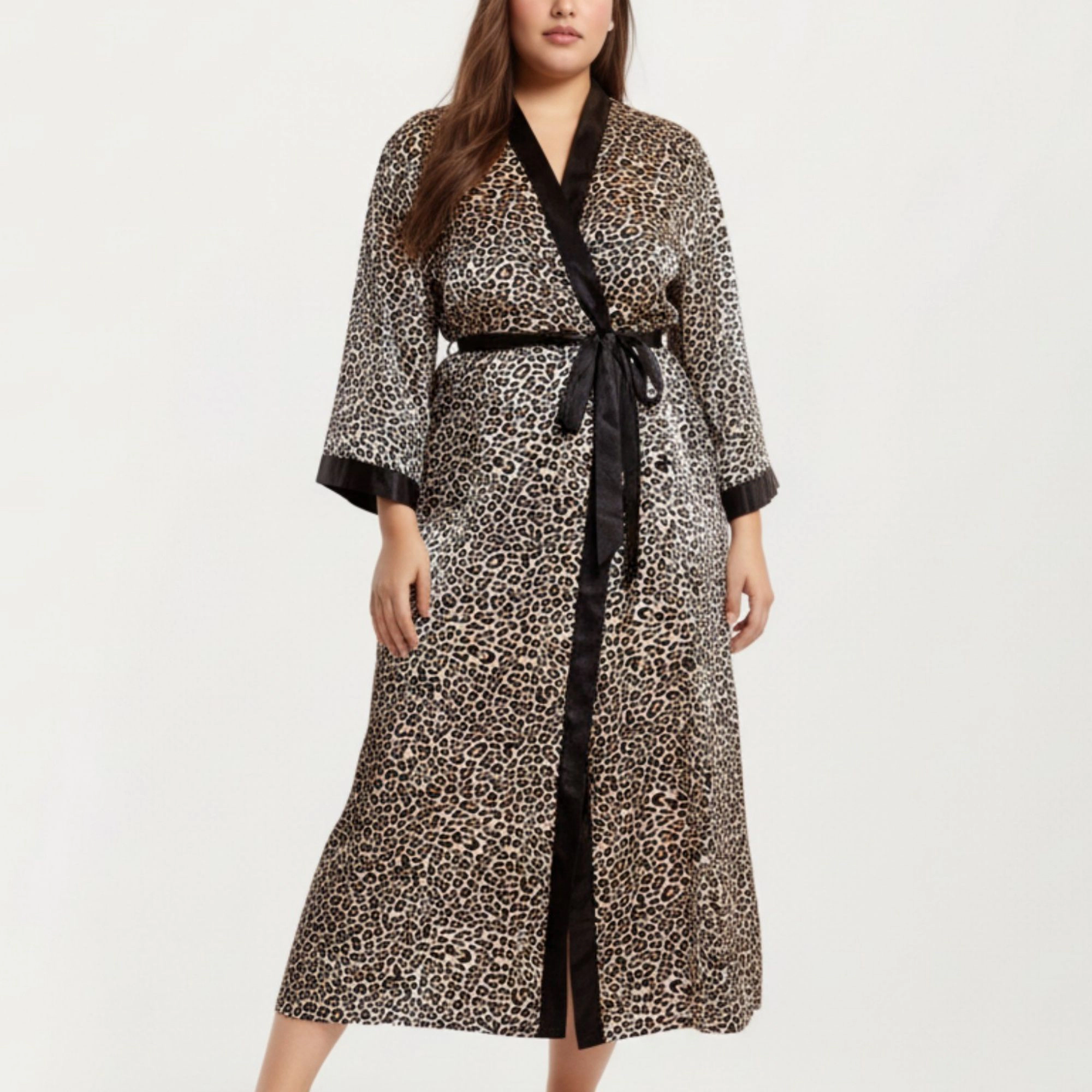 Anna-Kaci Women's Leopard Print Satin Robe Contrast Trim Silky Fabric Waist Tie Closure and Flowing Longline Silhouette
