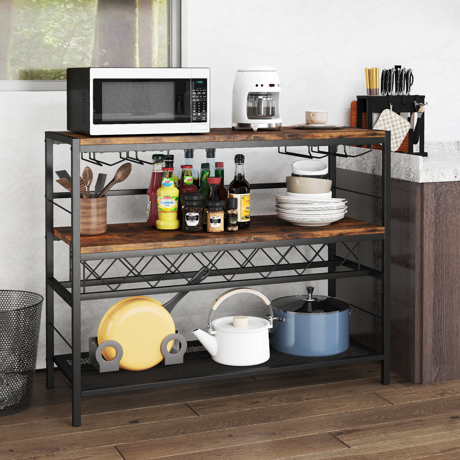 SUGIFT Rustic Brown 41-in 4-Tier Bar Table with Wine Rack Mini Bar Cabinet for 7 Bottles and 16 Glasses