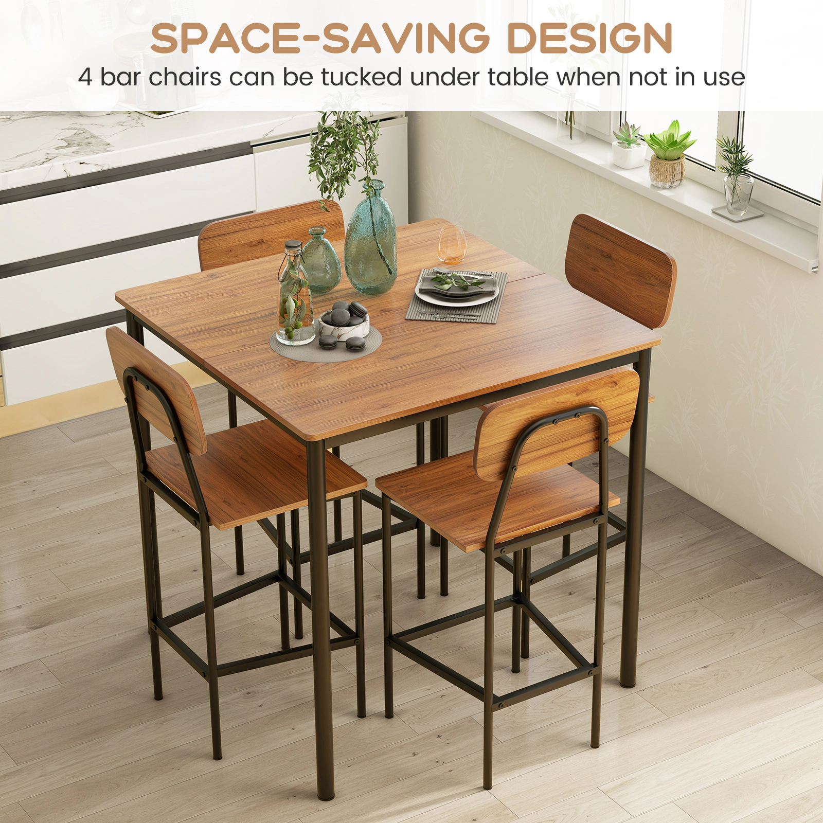 SUGIFT 5-Piece Industrial Counter-Height Dining Set with 36-in Square Top and 4 Bar Stools 300-lb Capacity Walnut