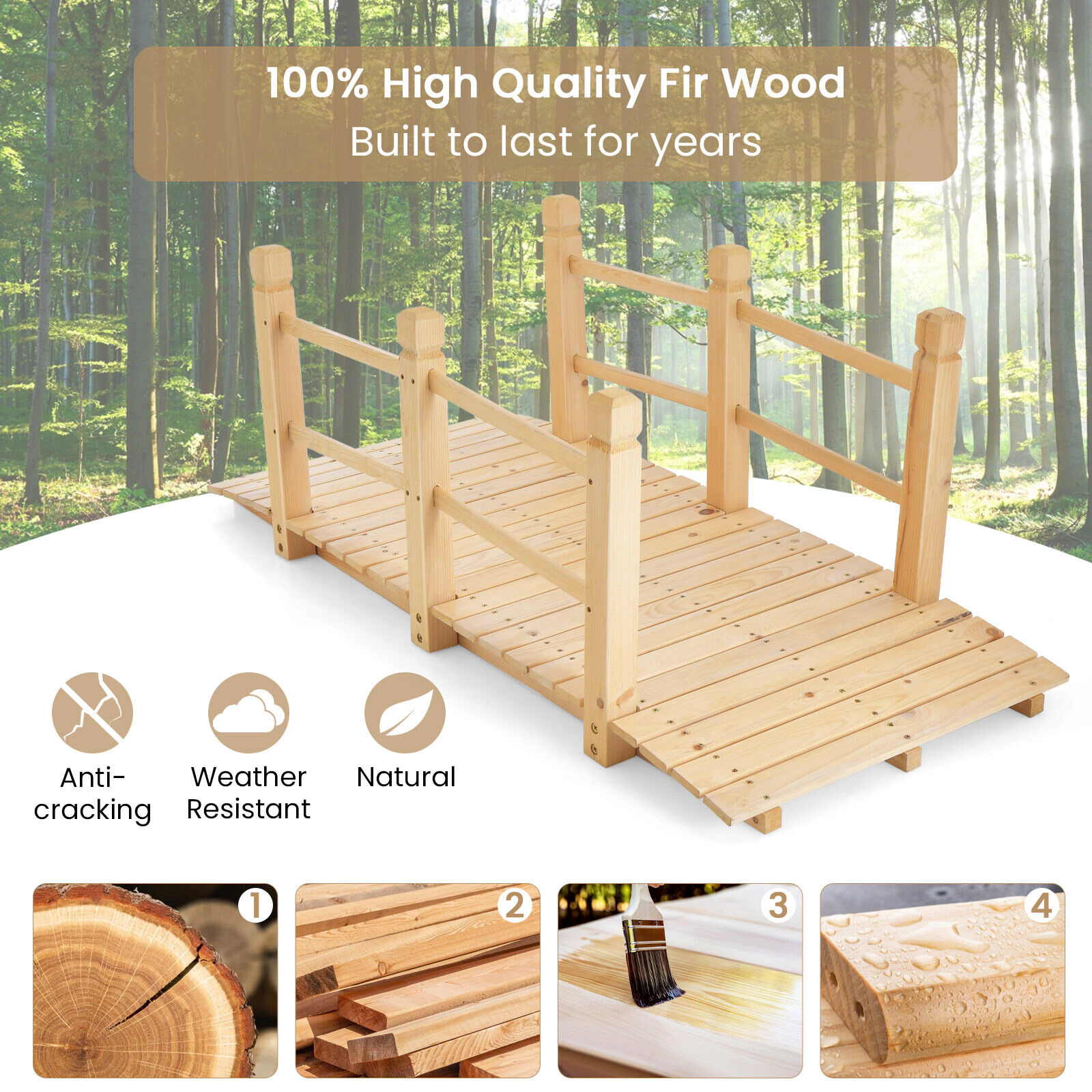 SUGIFT 5-Ft Fir Wood Garden Bridge with Safety Rails 400-lb Capacity Natural Wood/Stained Wood